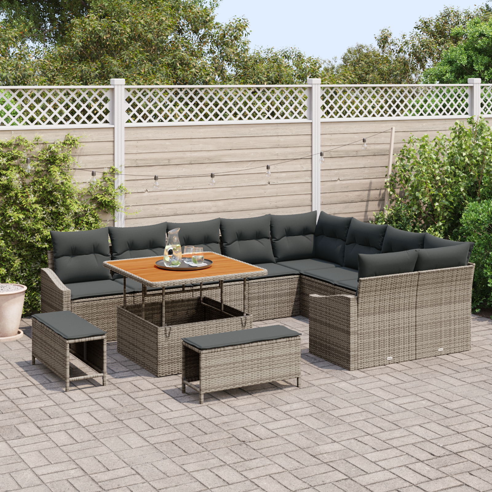 vidaXL 12-delige Tuinbankenset met kussens poly rattan acacia grijs
