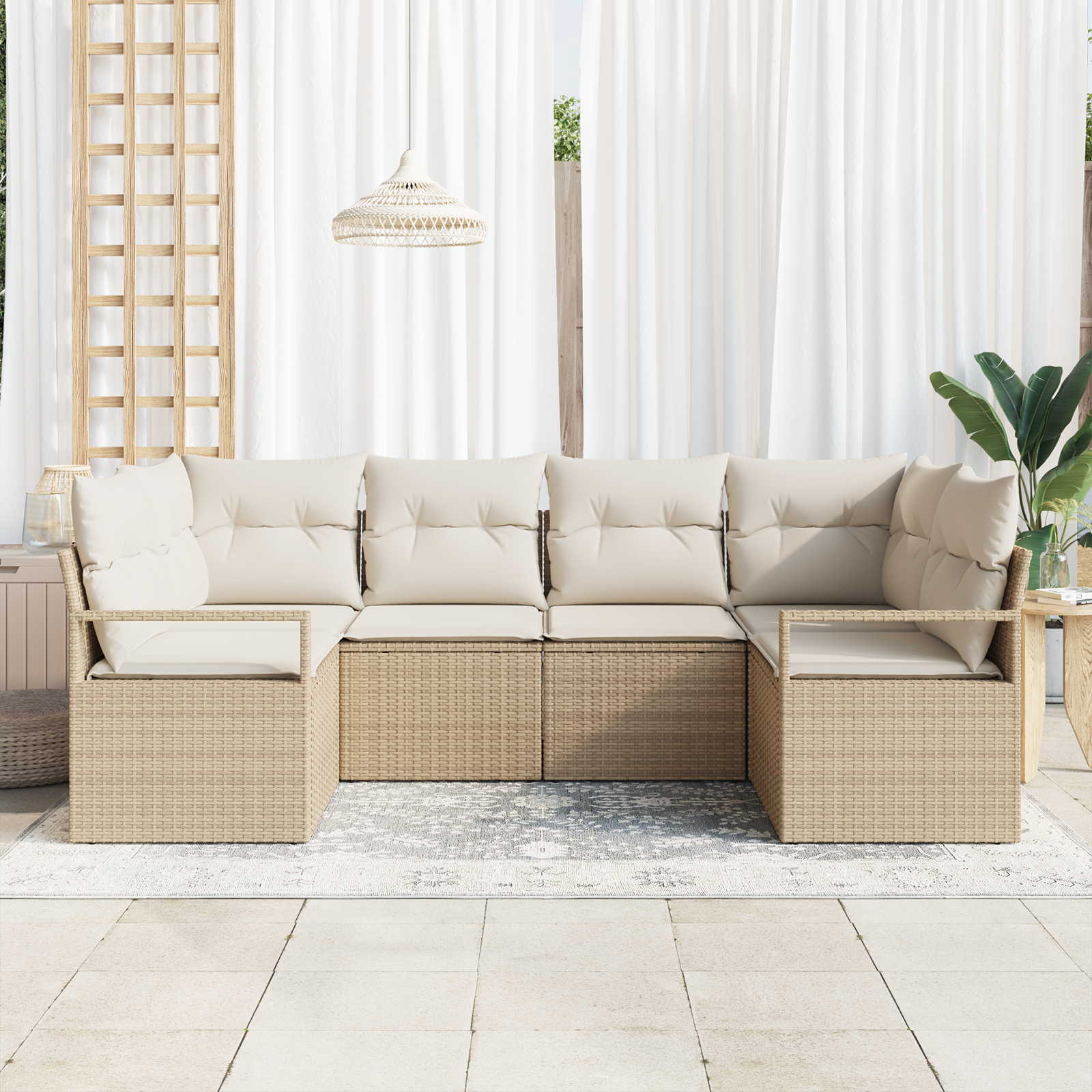 vidaXL 6-delige Tuinbankenset met kussens poly rattan beige