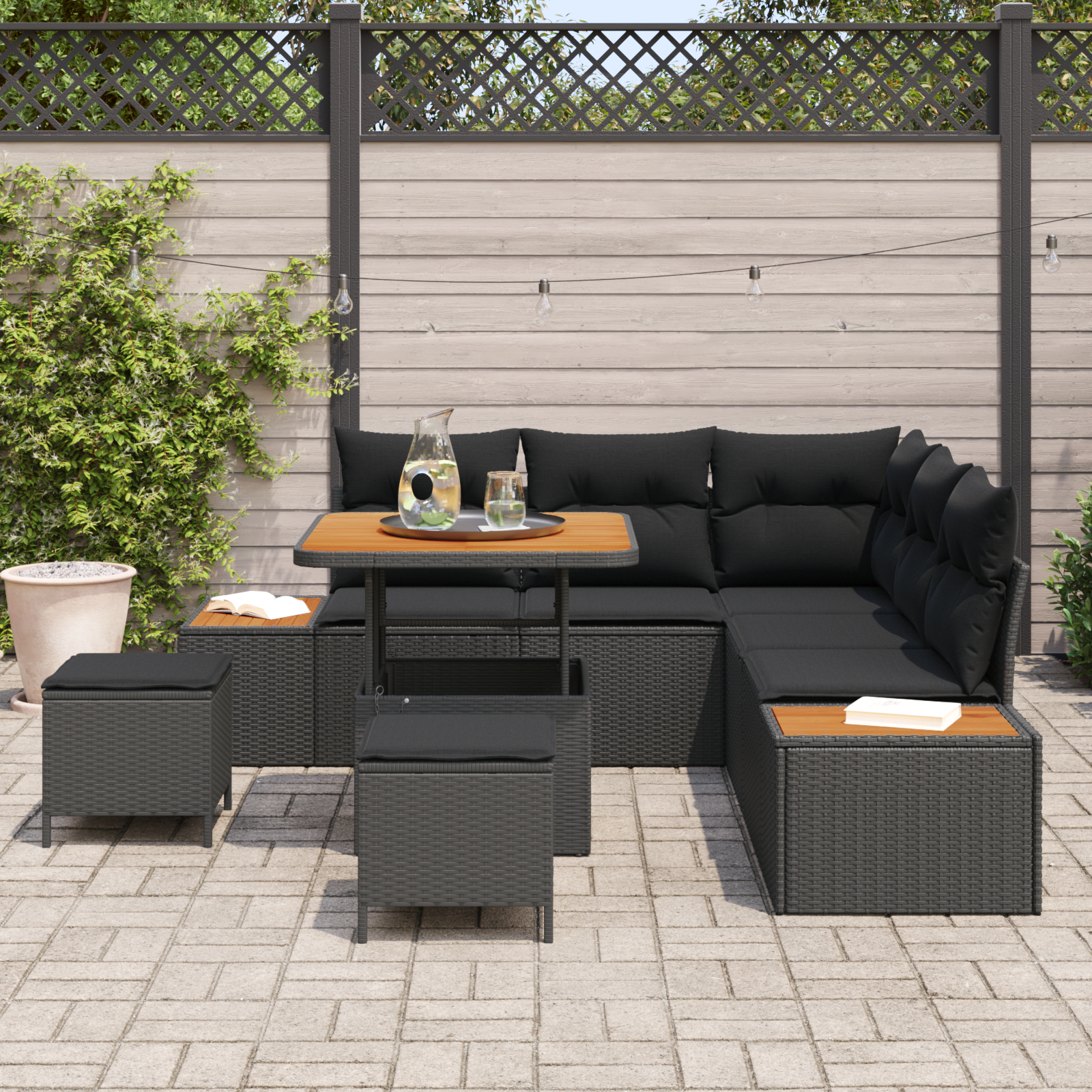 vidaXL 8-delige tuinset met kussens - Zwart Poly Rattan Acacia