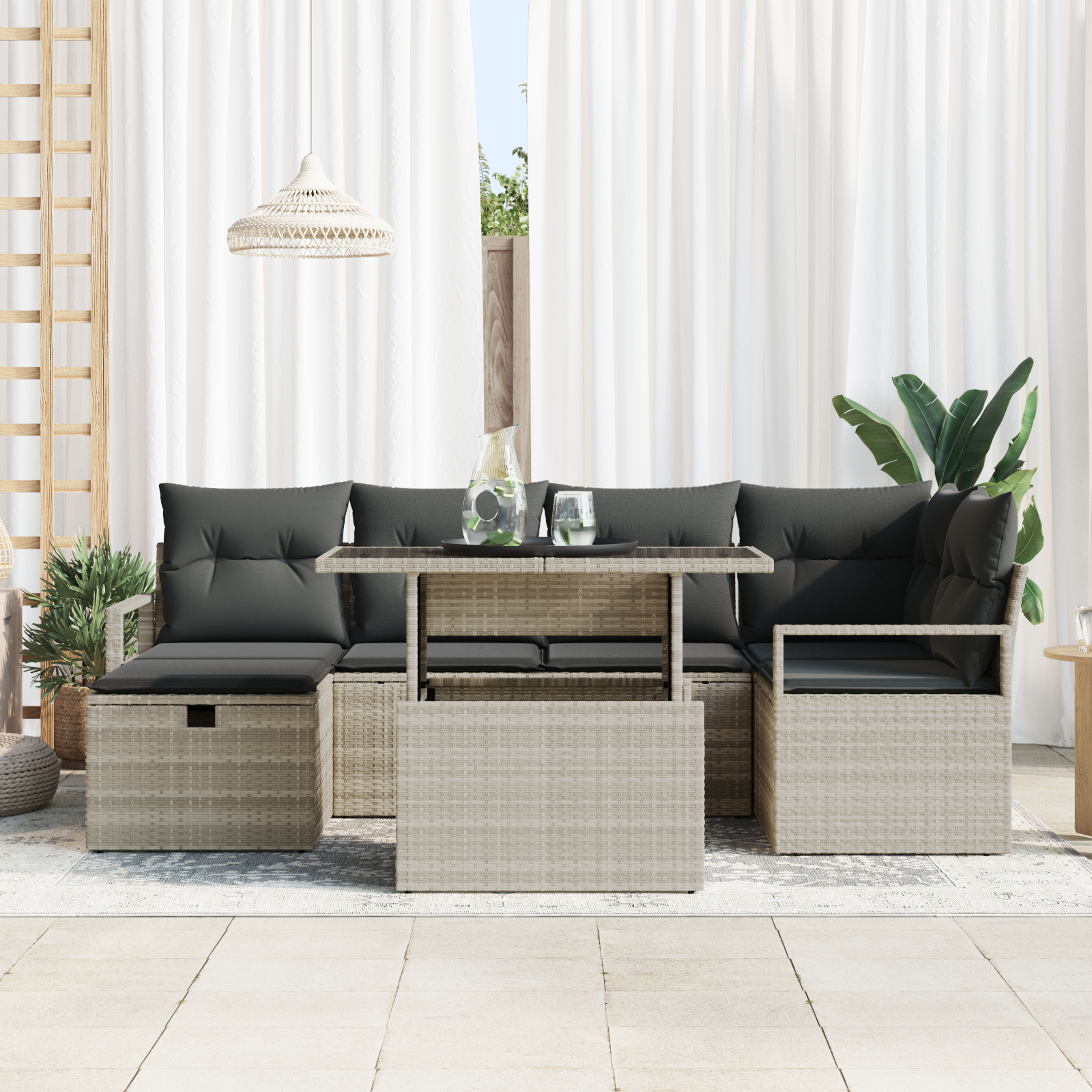 vidaXL 7-delige Tuinbankstellen met Kussens Lichtgrijs Poly Rattan