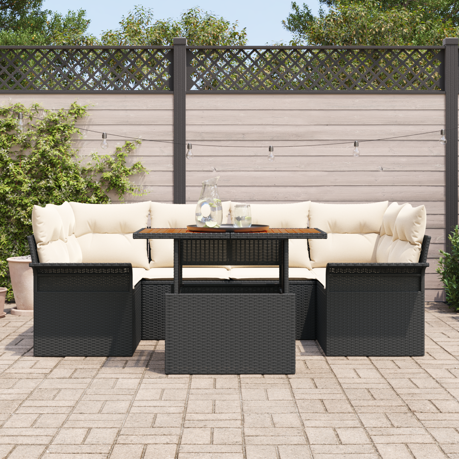 vidaXL 7-delige Tuinbankenset met kussens poly rattan zwart