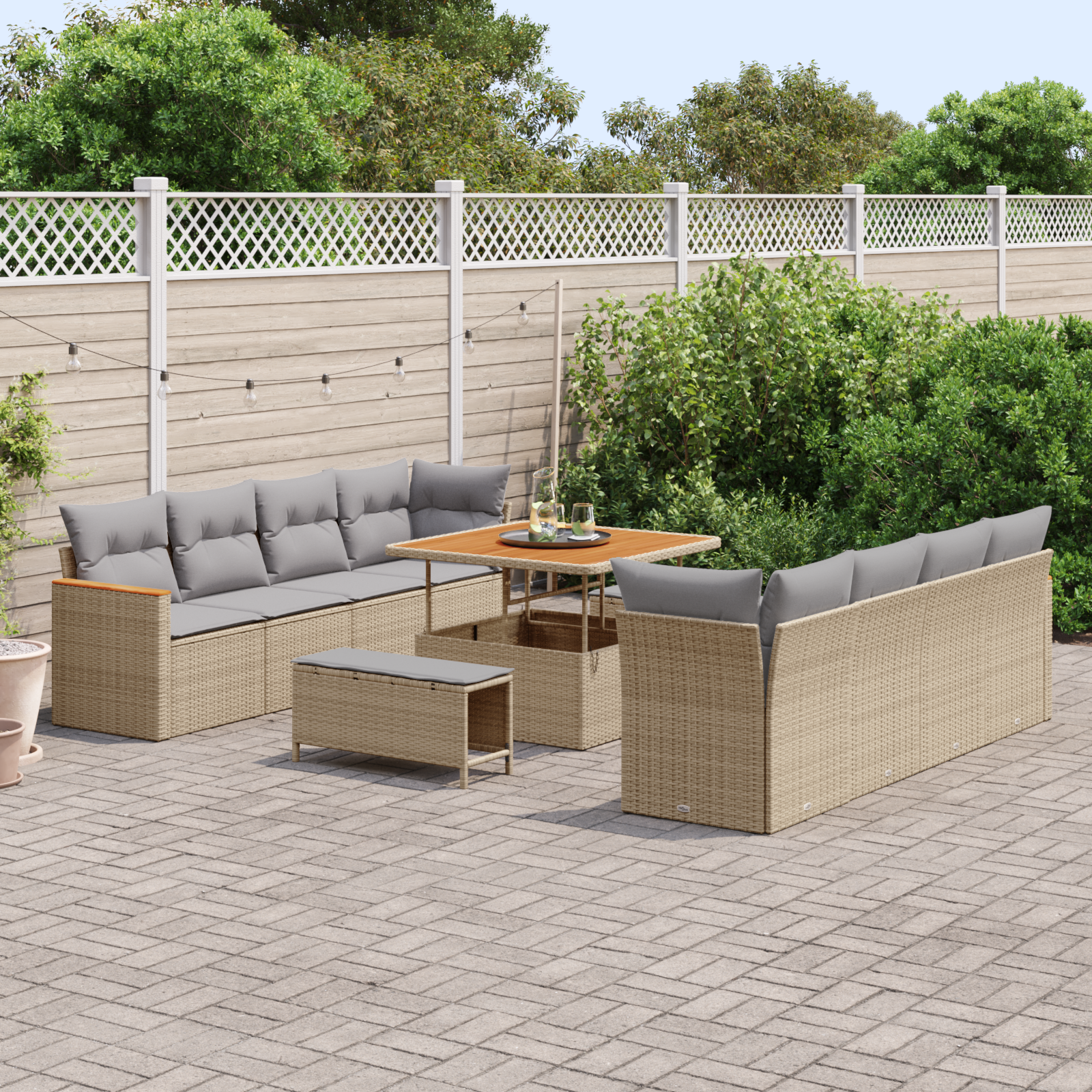 vidaXL 11-delige Tuinbankenset met kussens poly rattan acacia beige