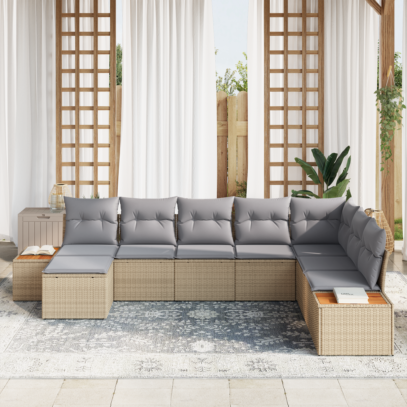 vidaXL 8-delige tuinset met kussens in Beige van Poly Rattan en Acacia