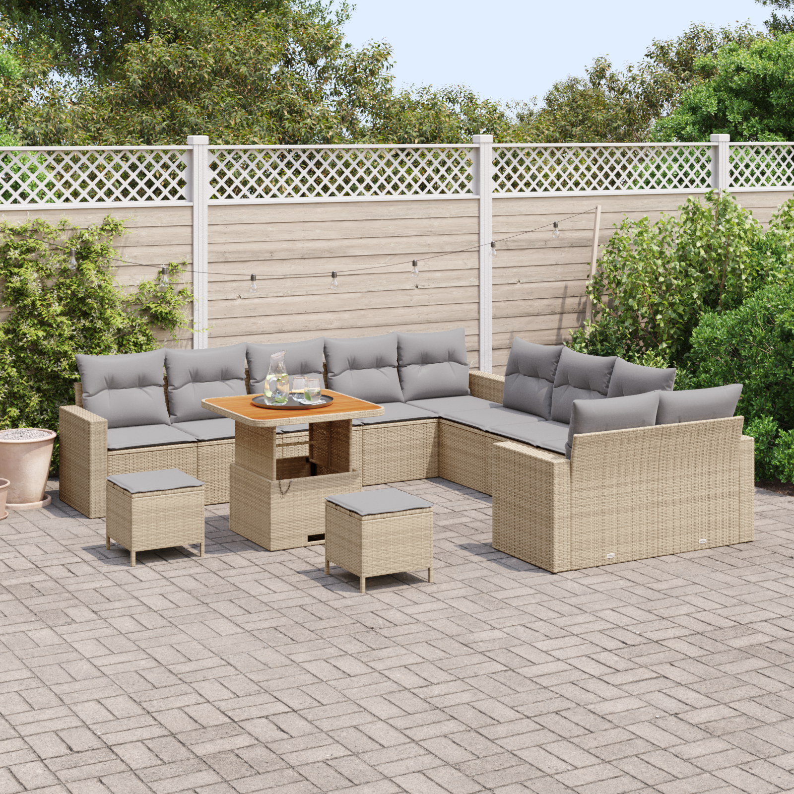 vidaXL 13-delige tuinbank set met kussens in beige poly rattan en acacia