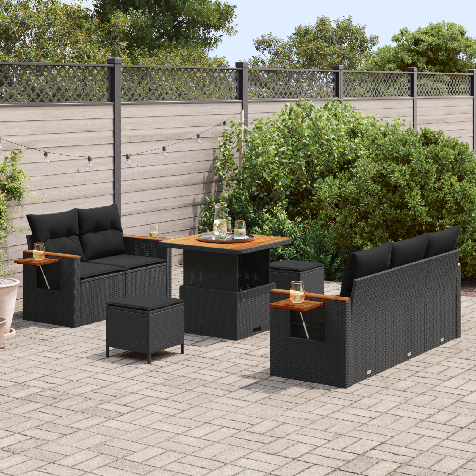 vidaXL 8-delige tuinsofa set met kussens zwart poly riet acacia