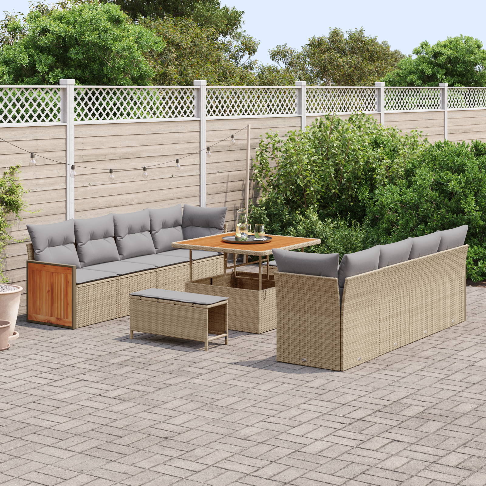 vidaXL 11-delige Tuinbankenset met kussens poly rattan acacia beige