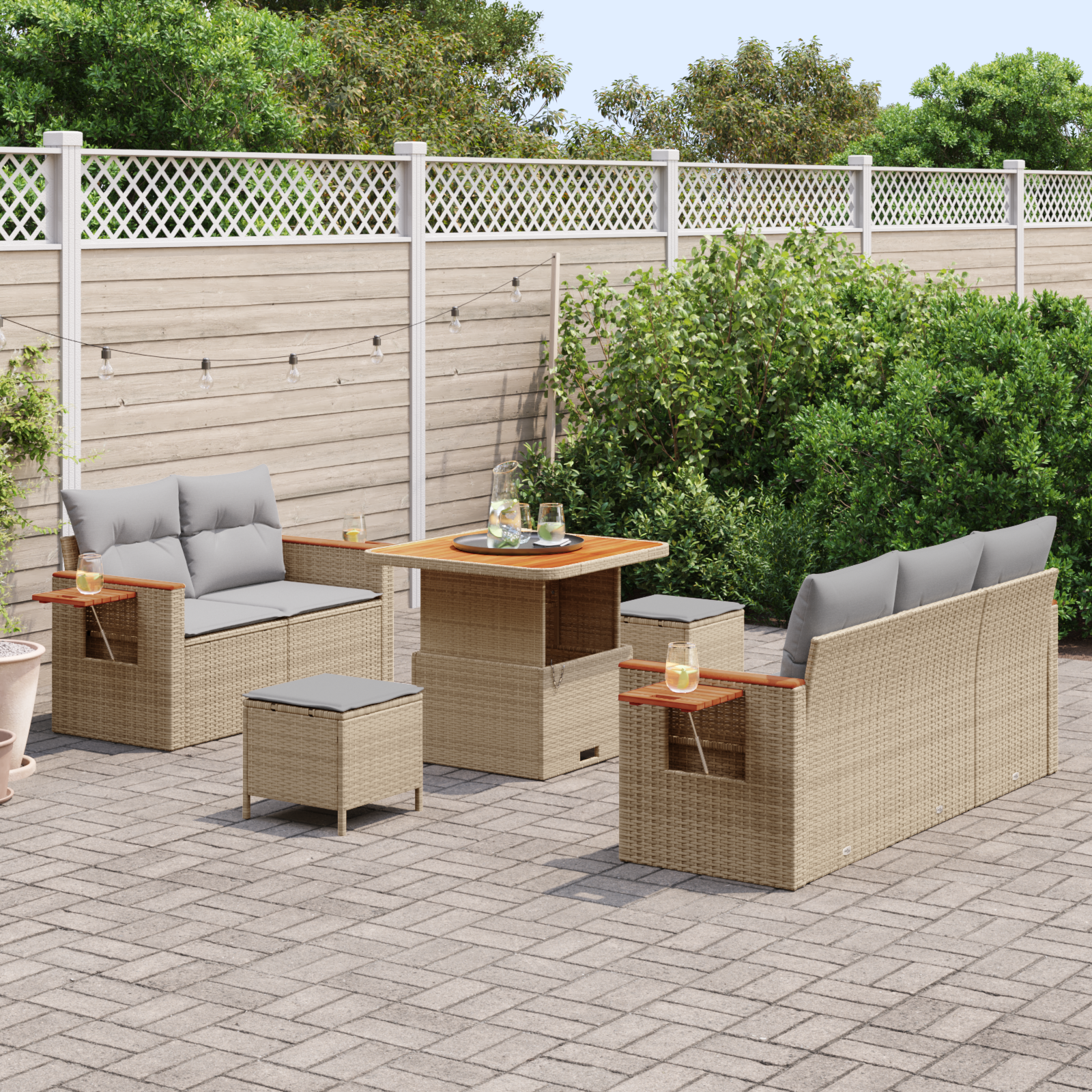 vidaXL 8-delige tuinset met kussens in beige van poly rattan en acacia