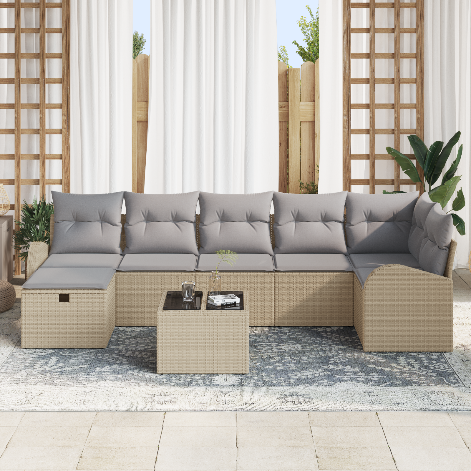 vidaXL 8-delige Tuinbankenset met kussens poly rattan beige