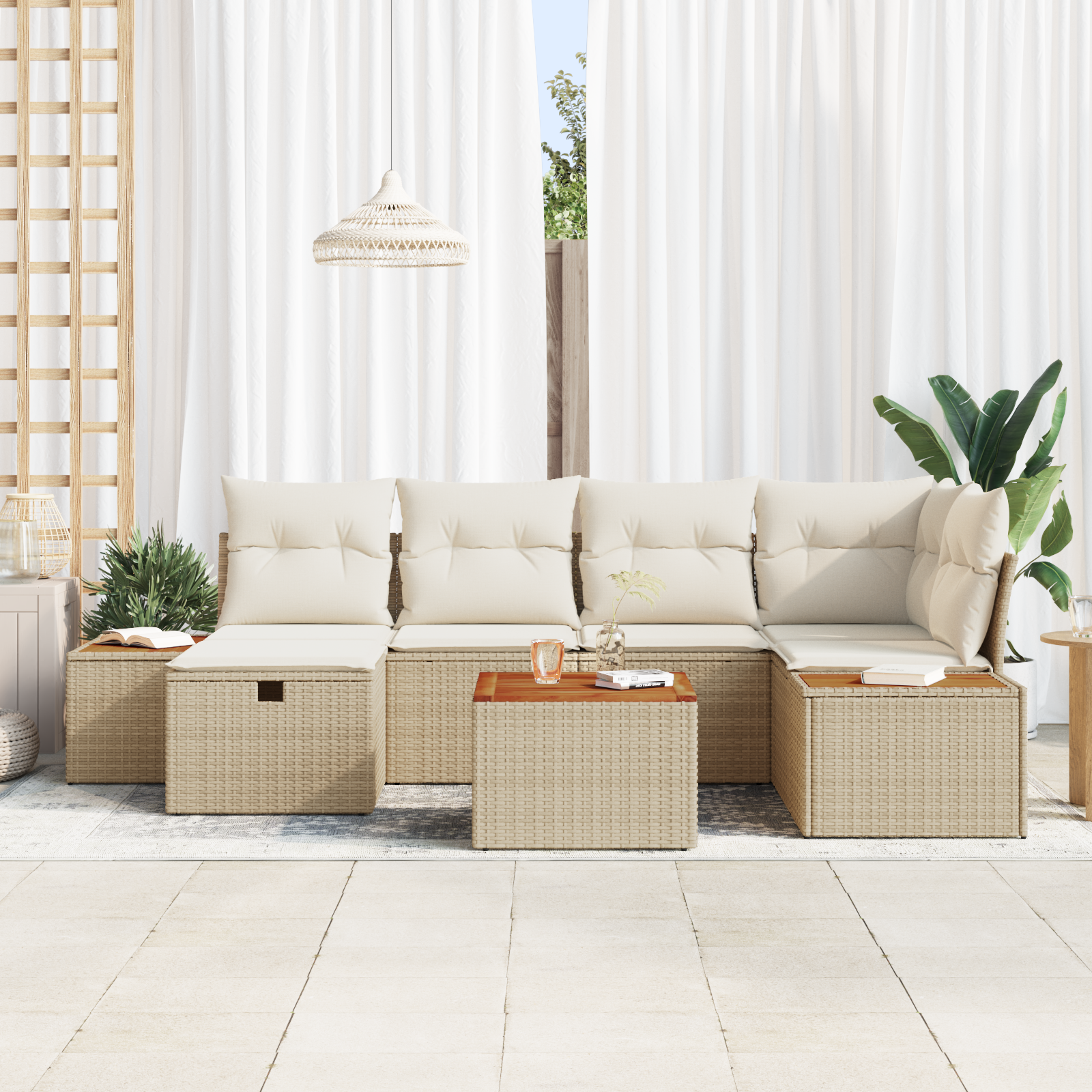 vidaXL 7-delige Tuinbankenset met kussens poly rattan beige