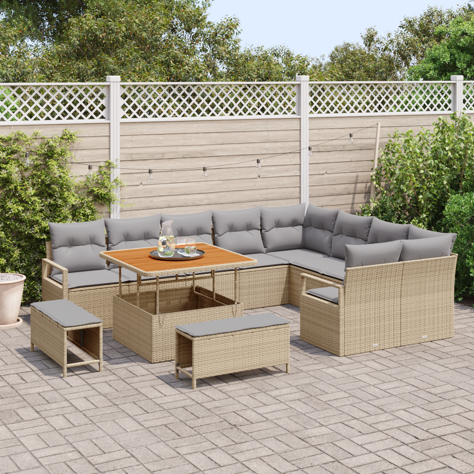 vidaXL 12-delige Tuinbankenset met kussens poly rattan acacia beige