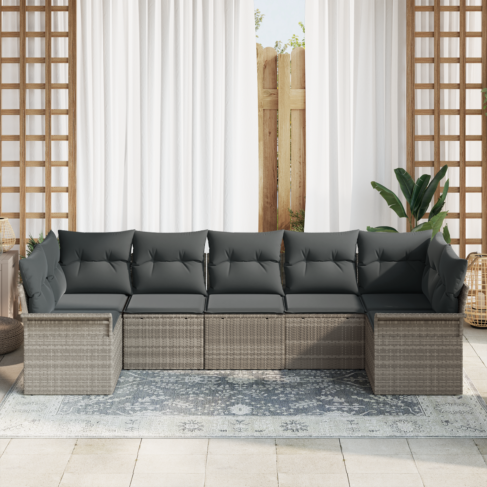 vidaXL 7-delige Tuinbankenset met kussens poly rattan lichtgrijs