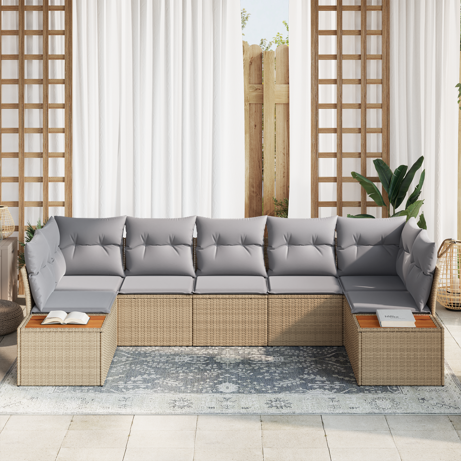 vidaXL 7-delige tuinset met kussens beige poly riet acacia