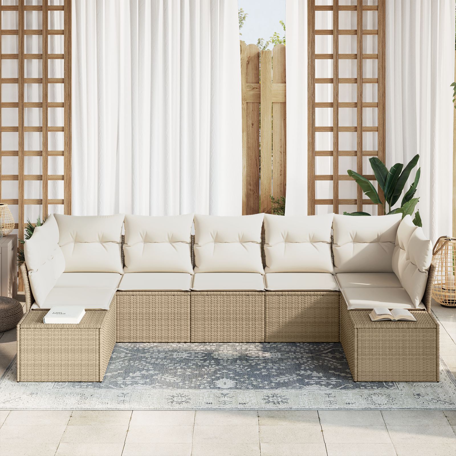 vidaXL 7-delige tuinset met kussens in beige poly rattan