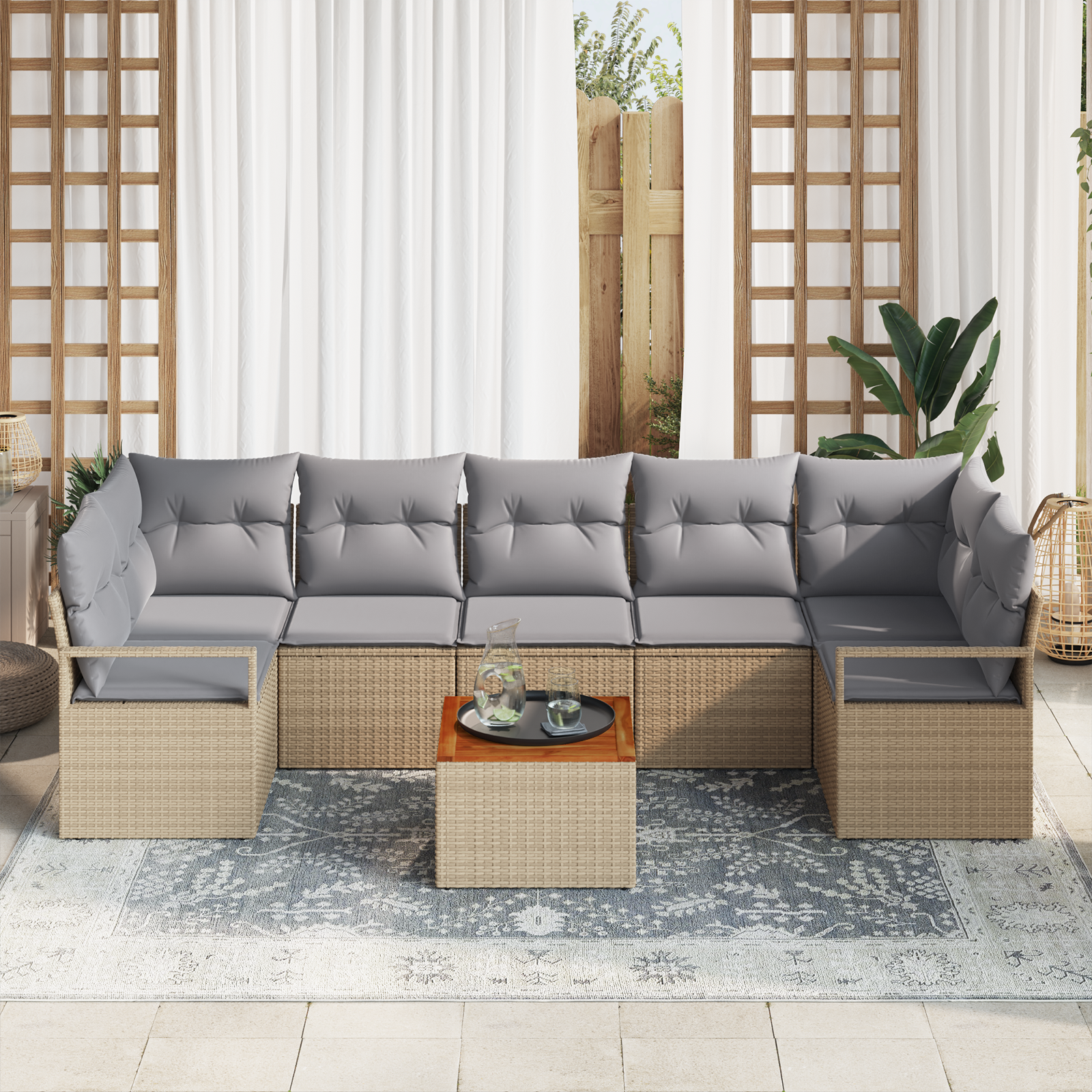 vidaXL 8-delige Tuinbankenset met kussens poly rattan acacia beige