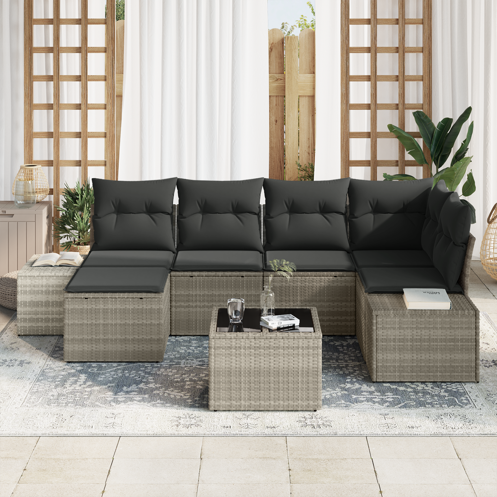 vidaXL 7-delige tuinbankset met kussens Grijs Poly Rattan