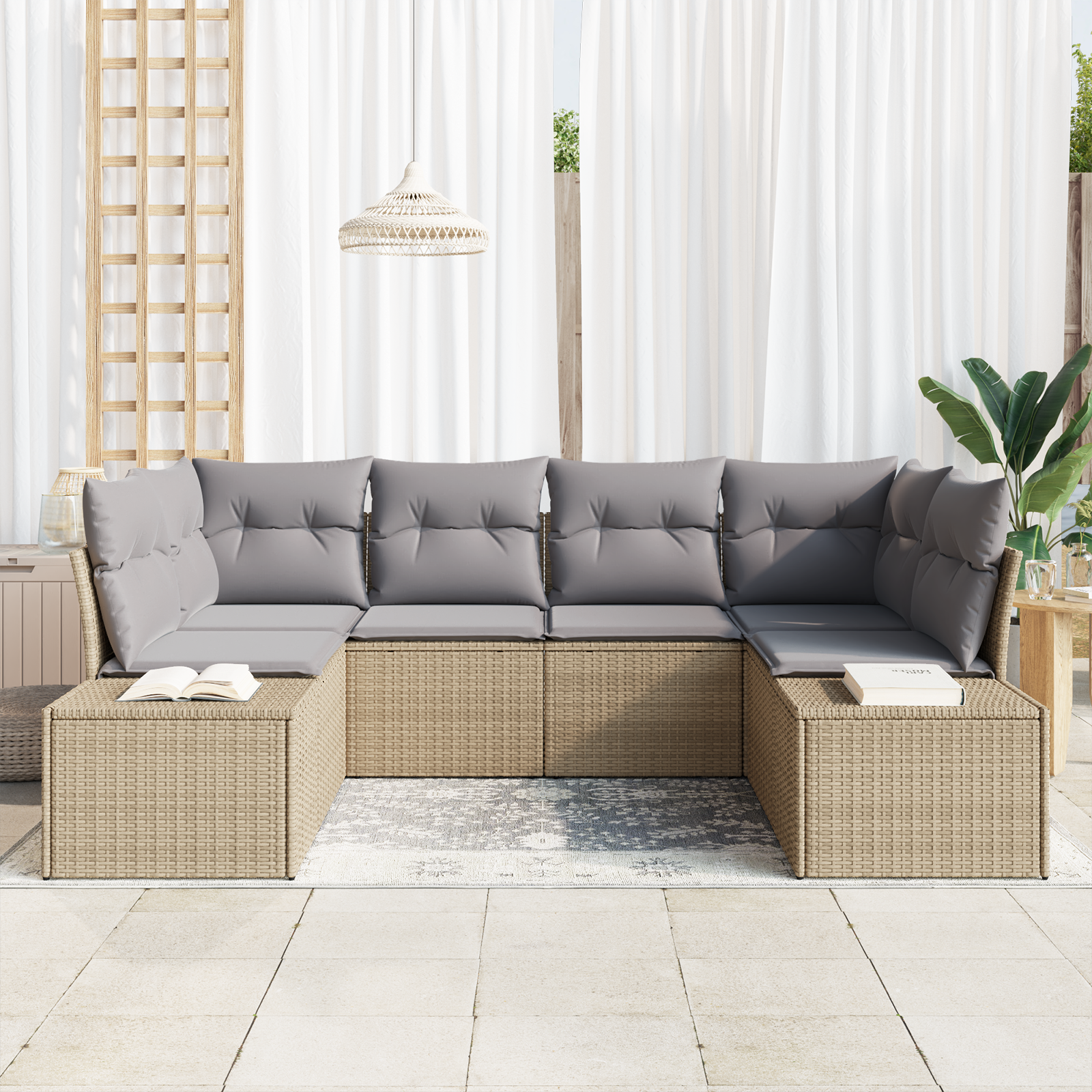 vidaXL 6-delige tuinset met kussens in beige poly rattan