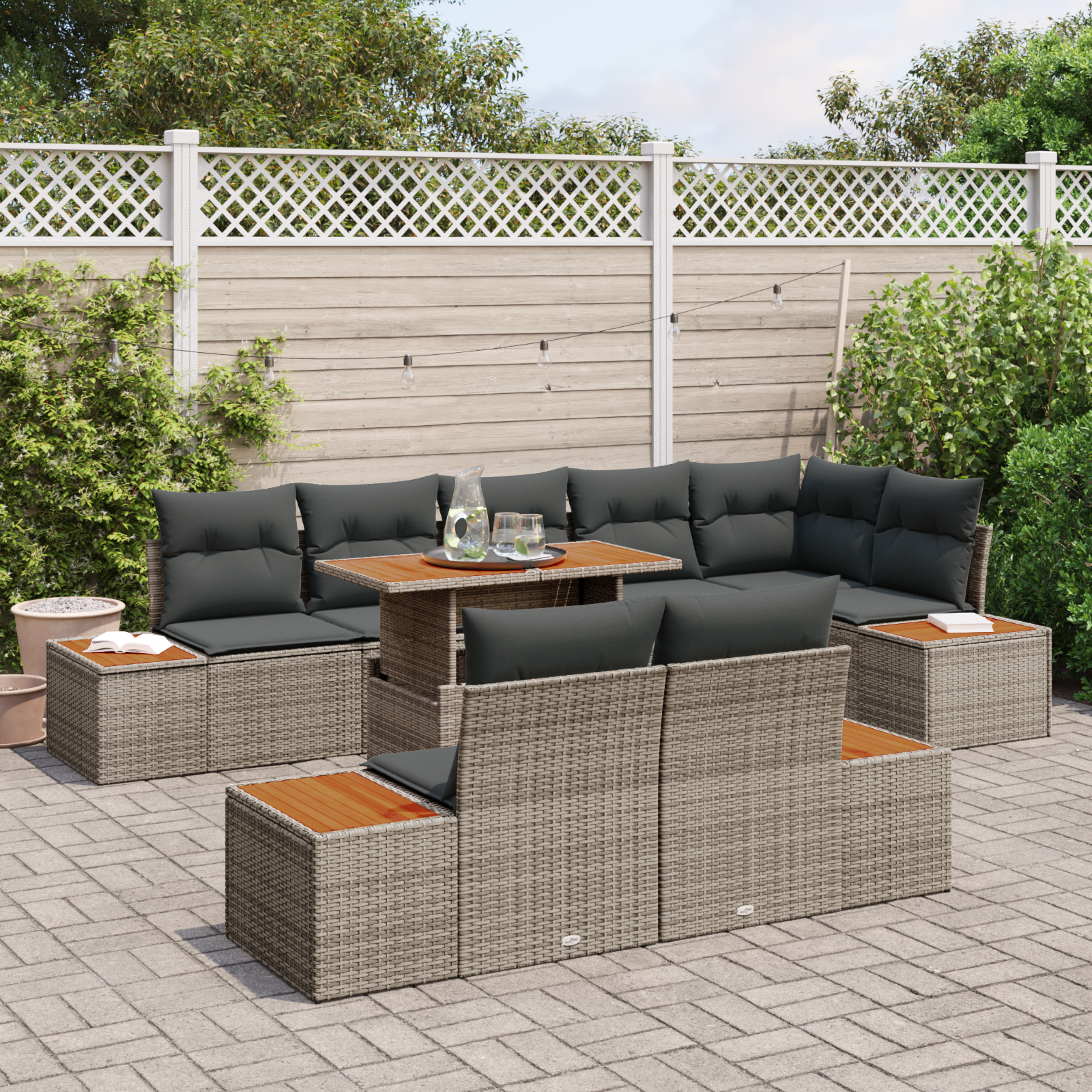 vidaXL 9-delige Tuinbankenset met kussens poly rattan grijs
