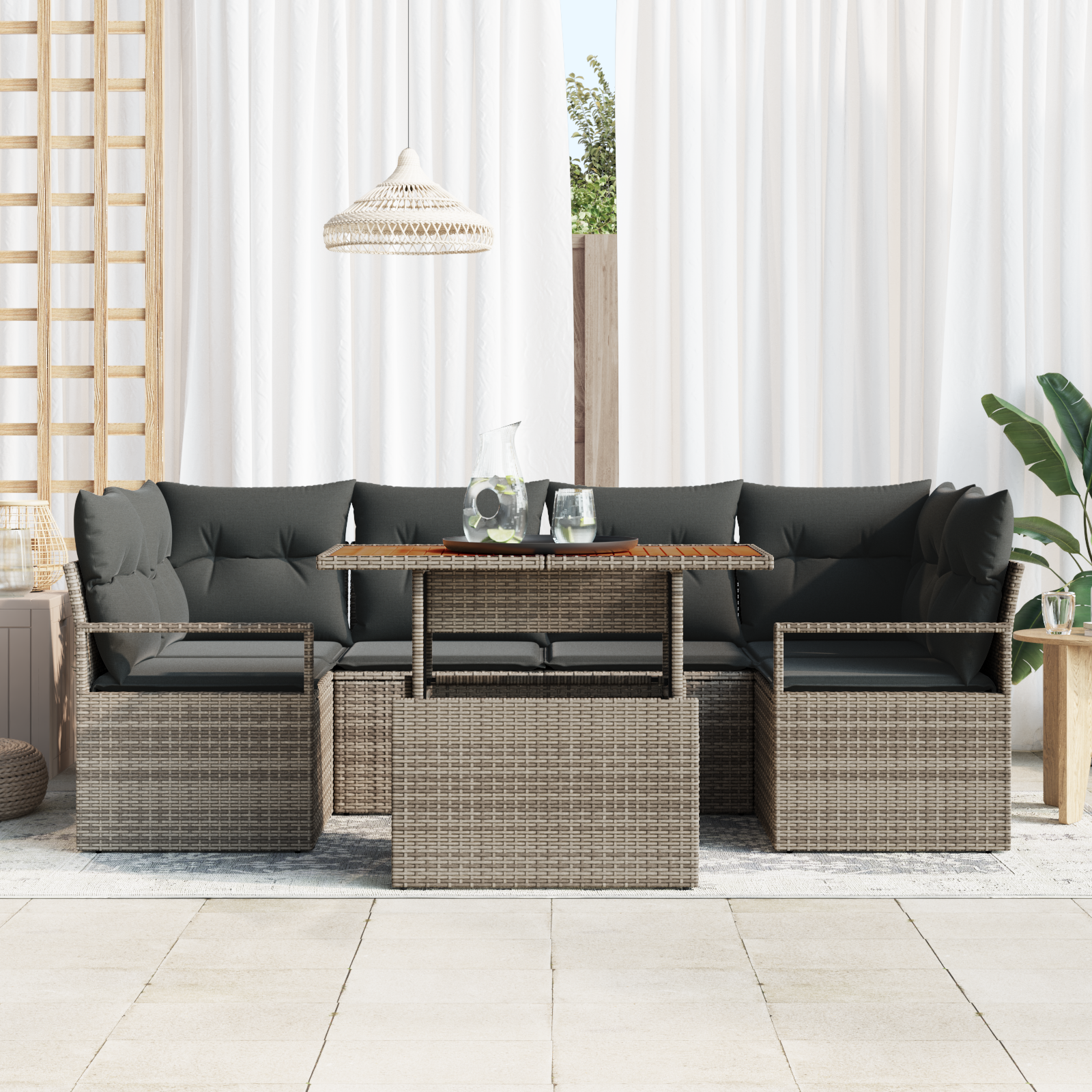 vidaXL 7-delige loungebankset met kussens in grijs poly rattan