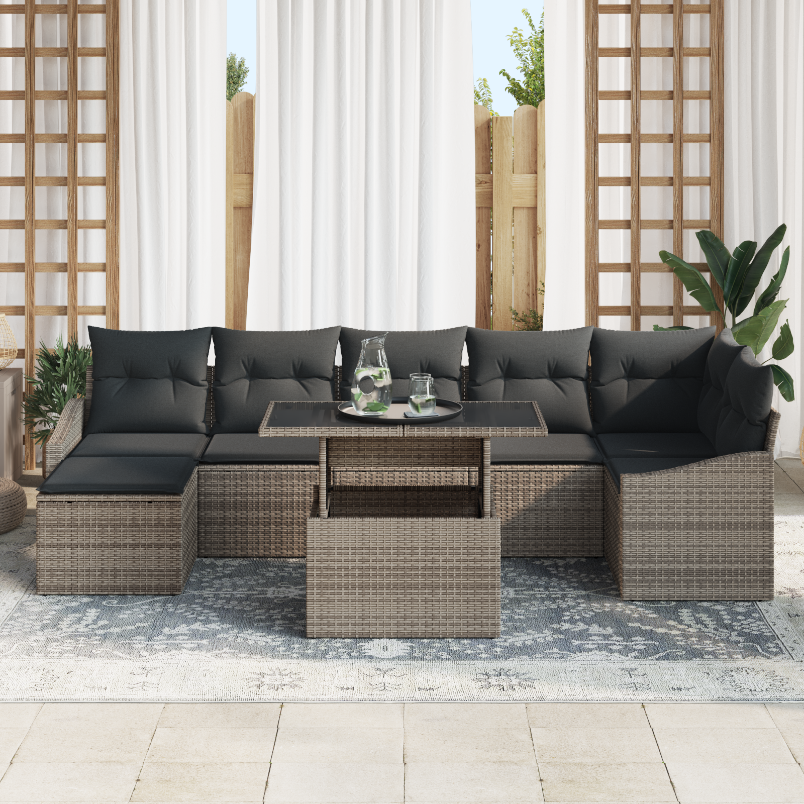 vidaXL 8-delige Tuinbankenset met kussens poly rattan grijs