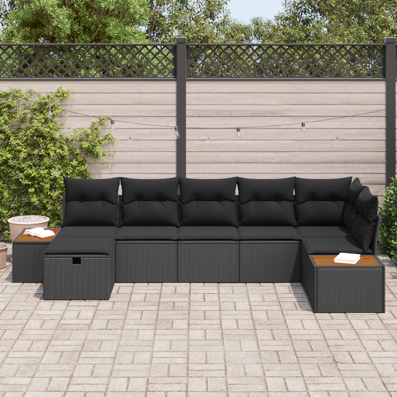 vidaXL 7-delige tuinset met kussens in zwart poly riet