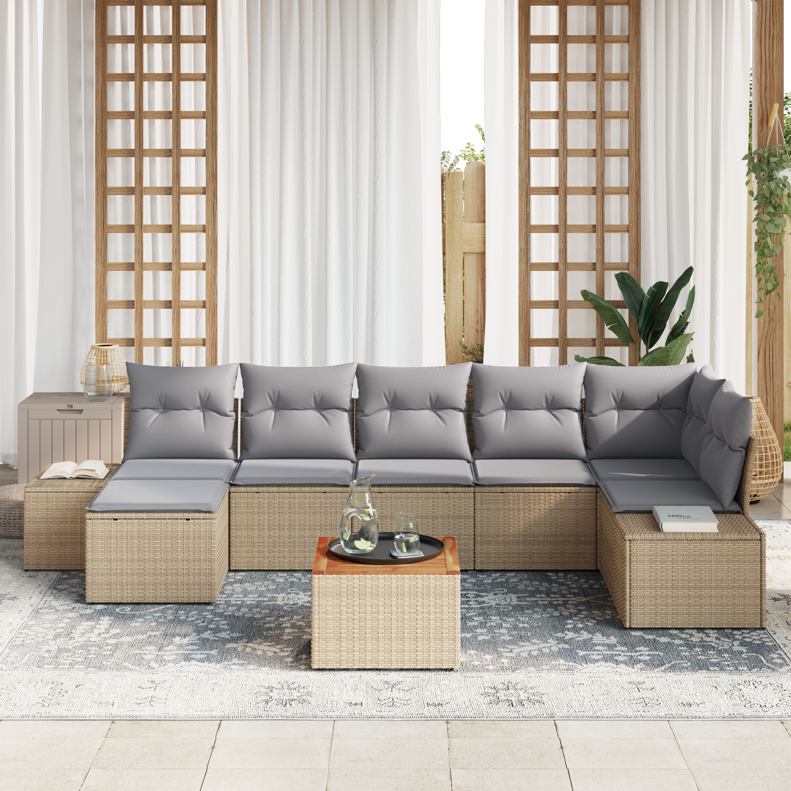 vidaXL 8-delige tuinmeubelset met kussens in beige poly rattan en acacia