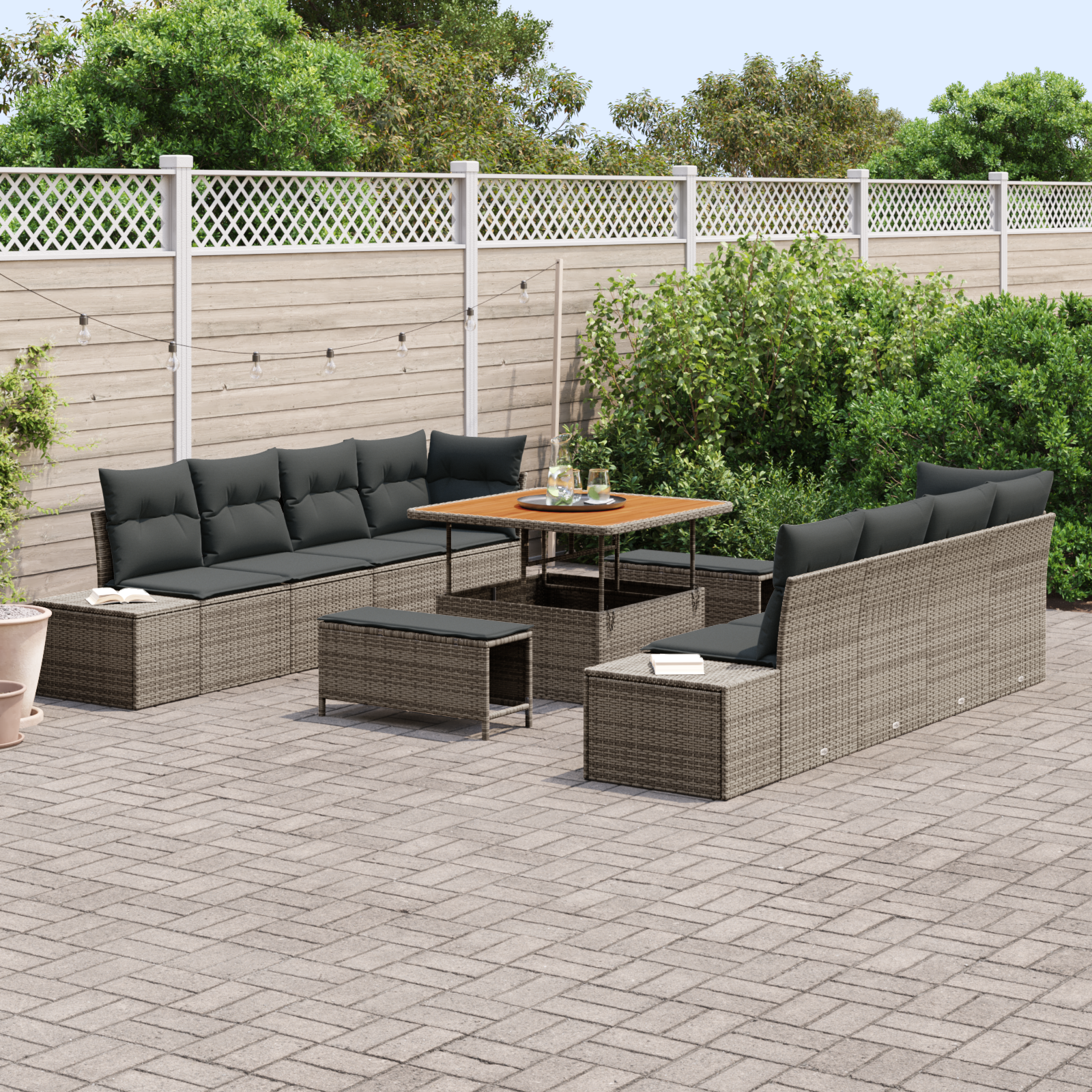 vidaXL 11-delige tuinset met kussens - Grijs - Poly Rattan en Acacia
