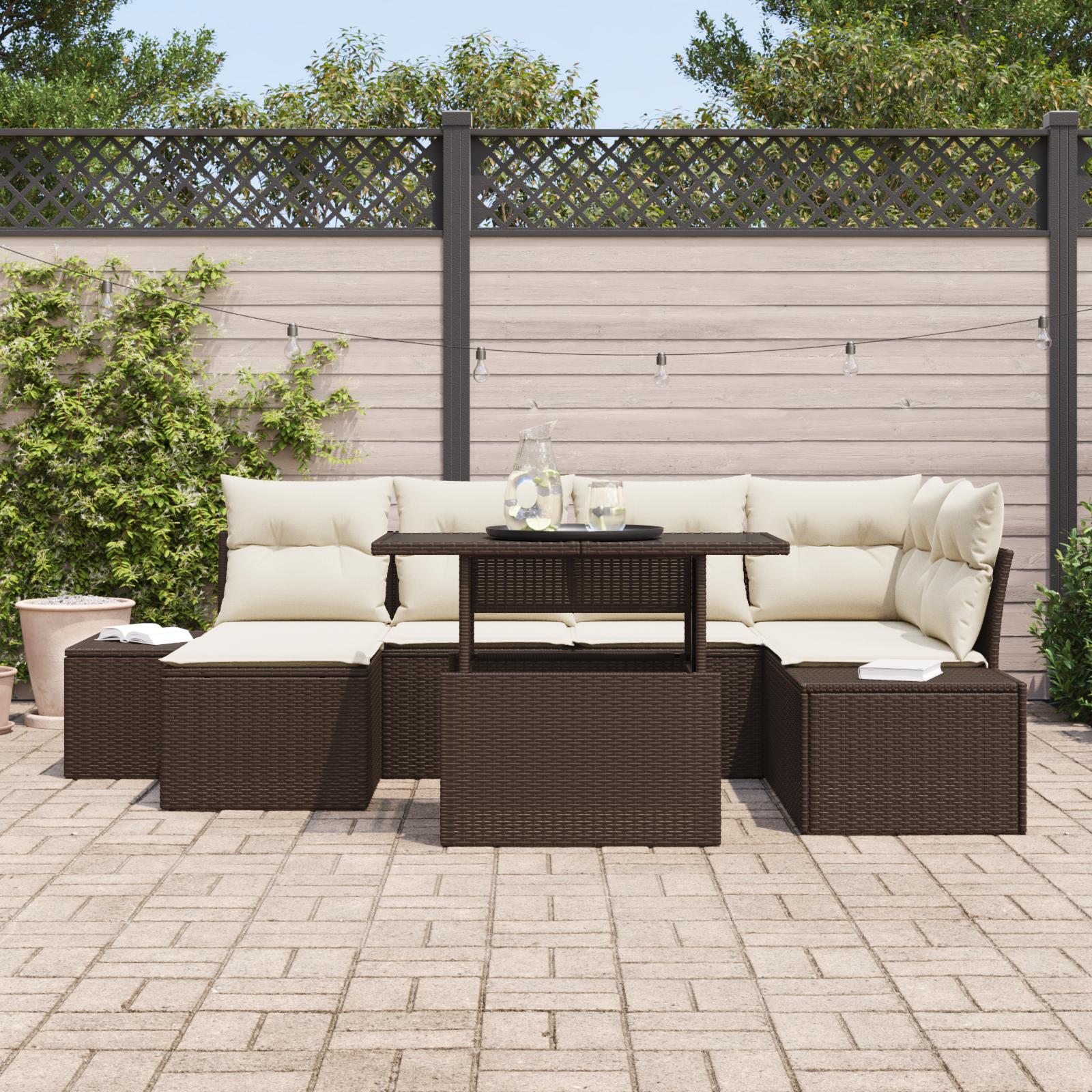 vidaXL 7-delige Tuinbankenset met kussens poly rattan bruin