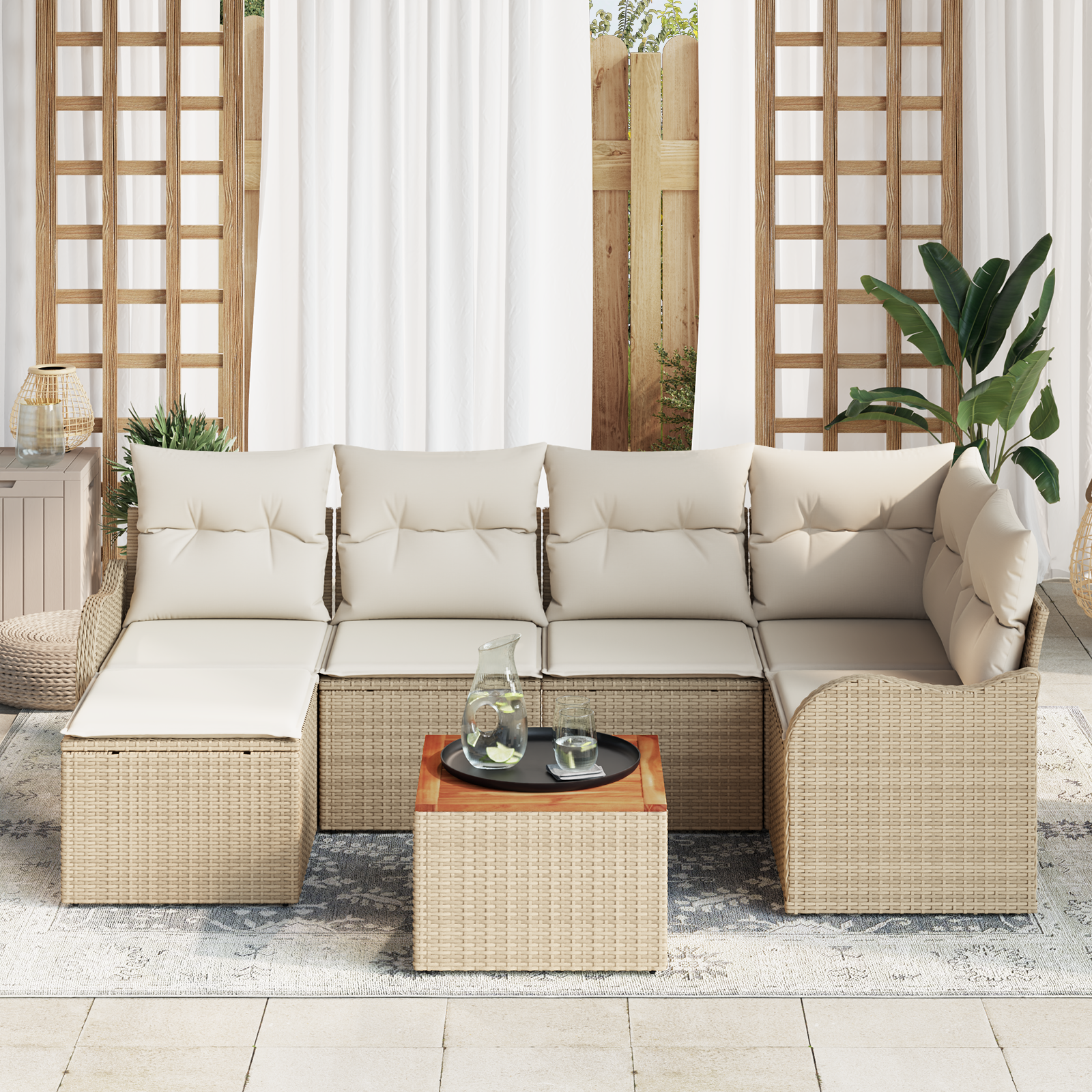 vidaXL 7-delige Tuinbankenset met kussens poly rattan acacia beige