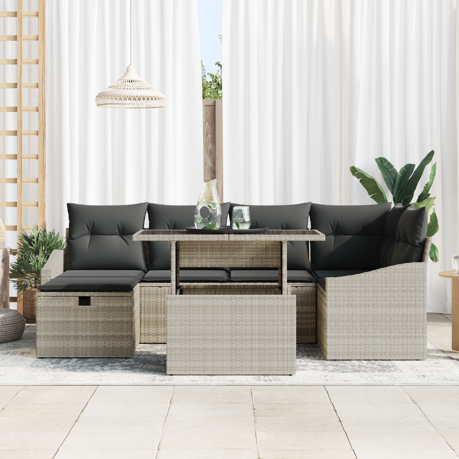vidaXL 7-Persoons Tuinset met Kussens Lichtgrijs Poly Rattan