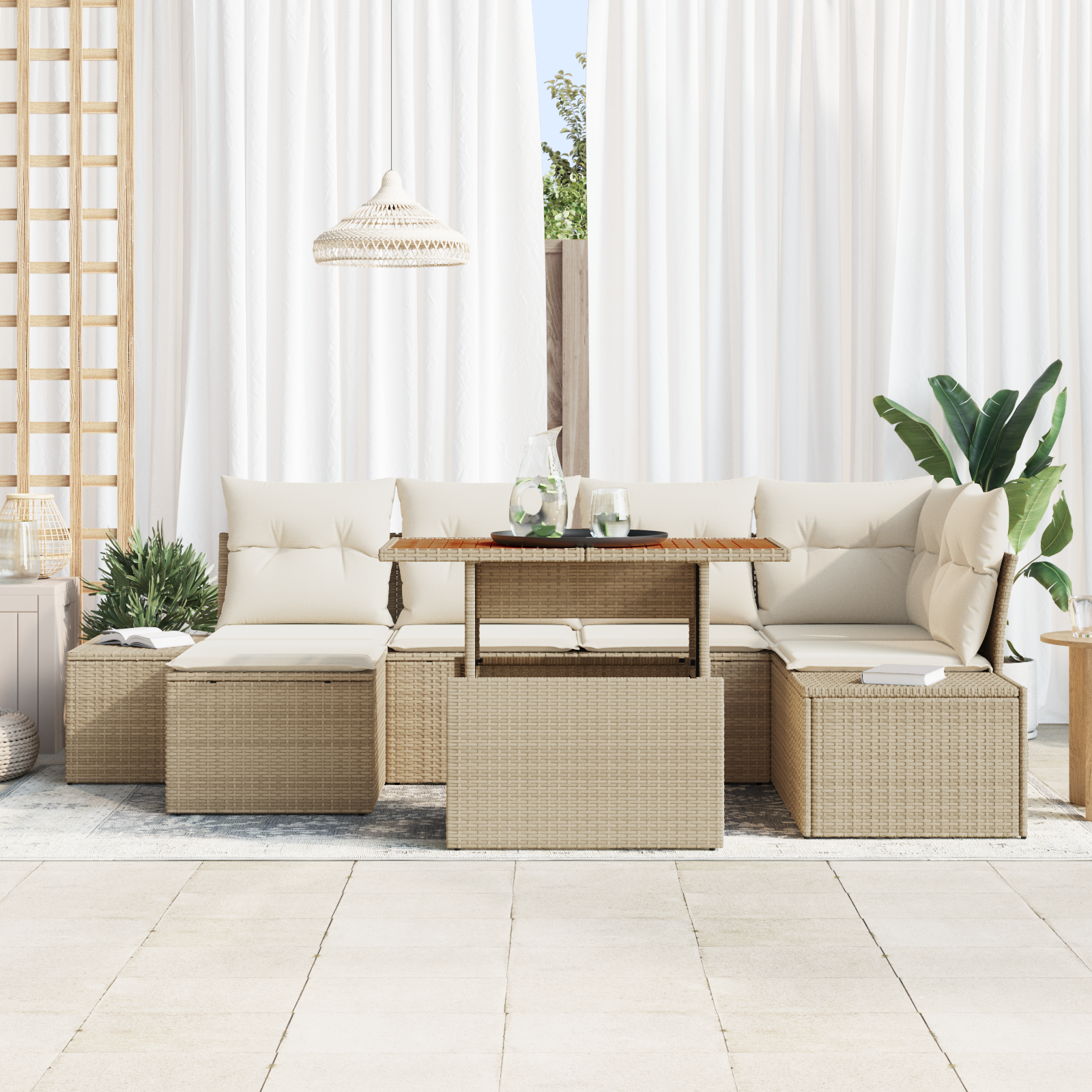 vidaXL 7-delige Tuinset met kussens poly rattan acaciahout beige