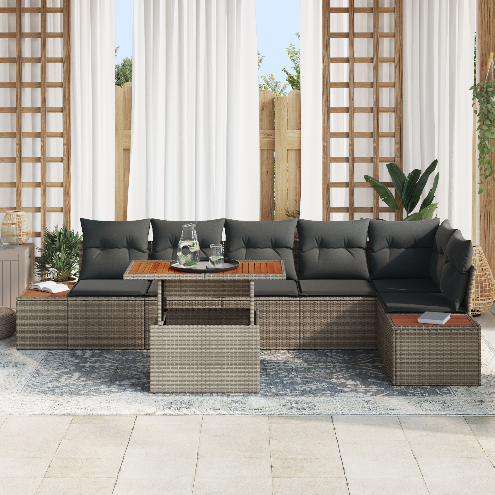 vidaXL 7-delige Tuinset met kussens poly rattan acaciahout grijs