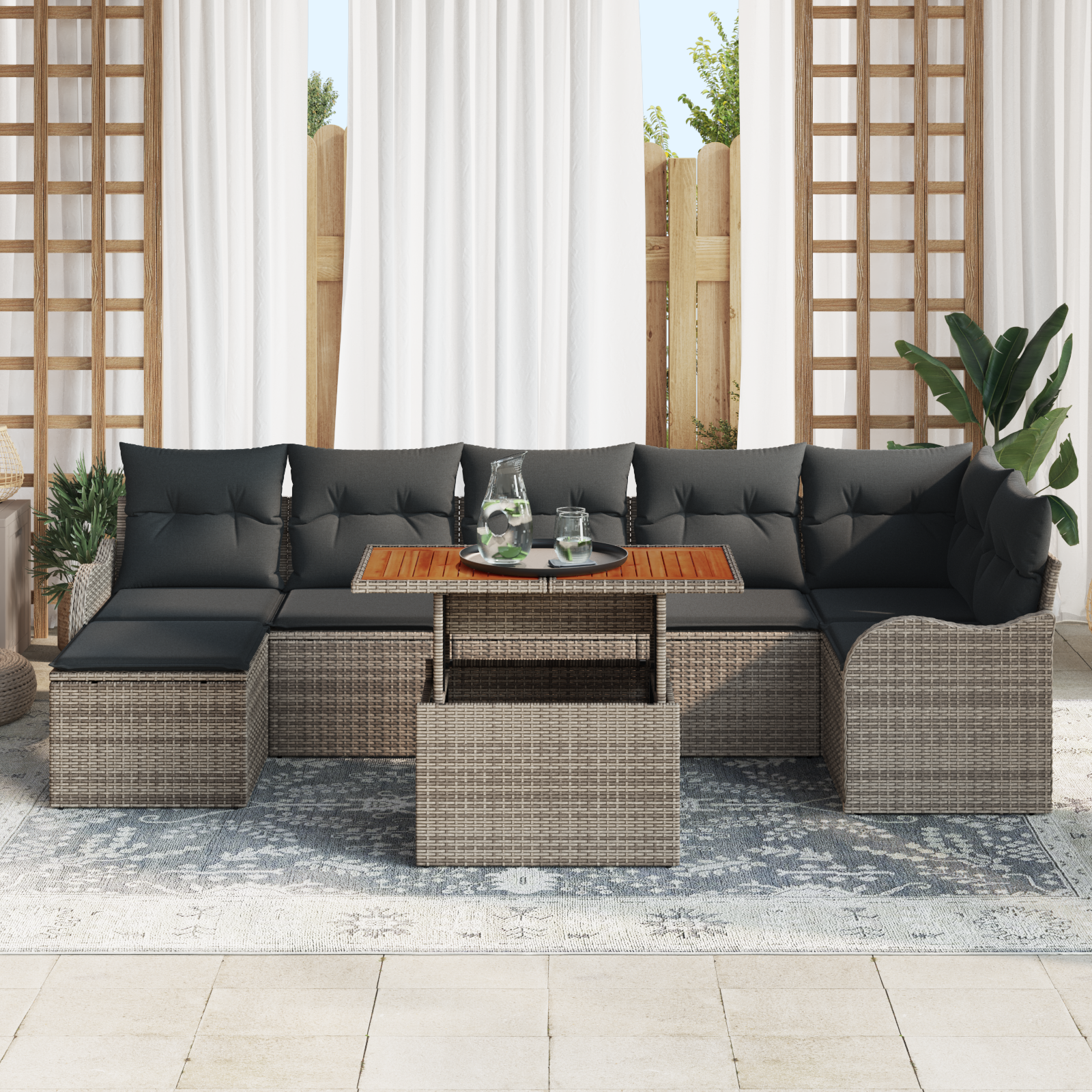 vidaXL 8-delige tuinzitset met kussens in grijs poly rattan en acacia