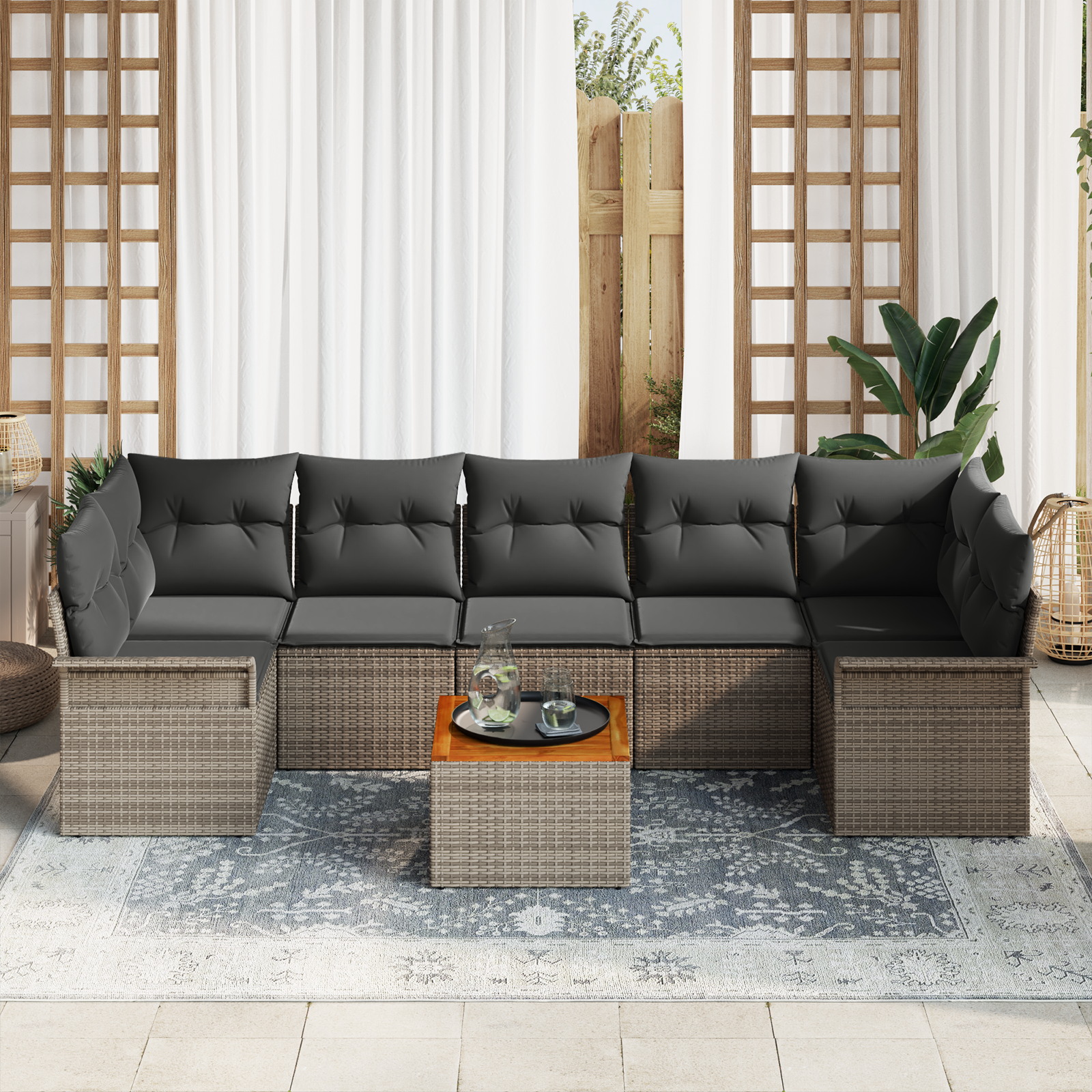 vidaXL 8-delige tuinset met kussens grijs poly rattan acacia