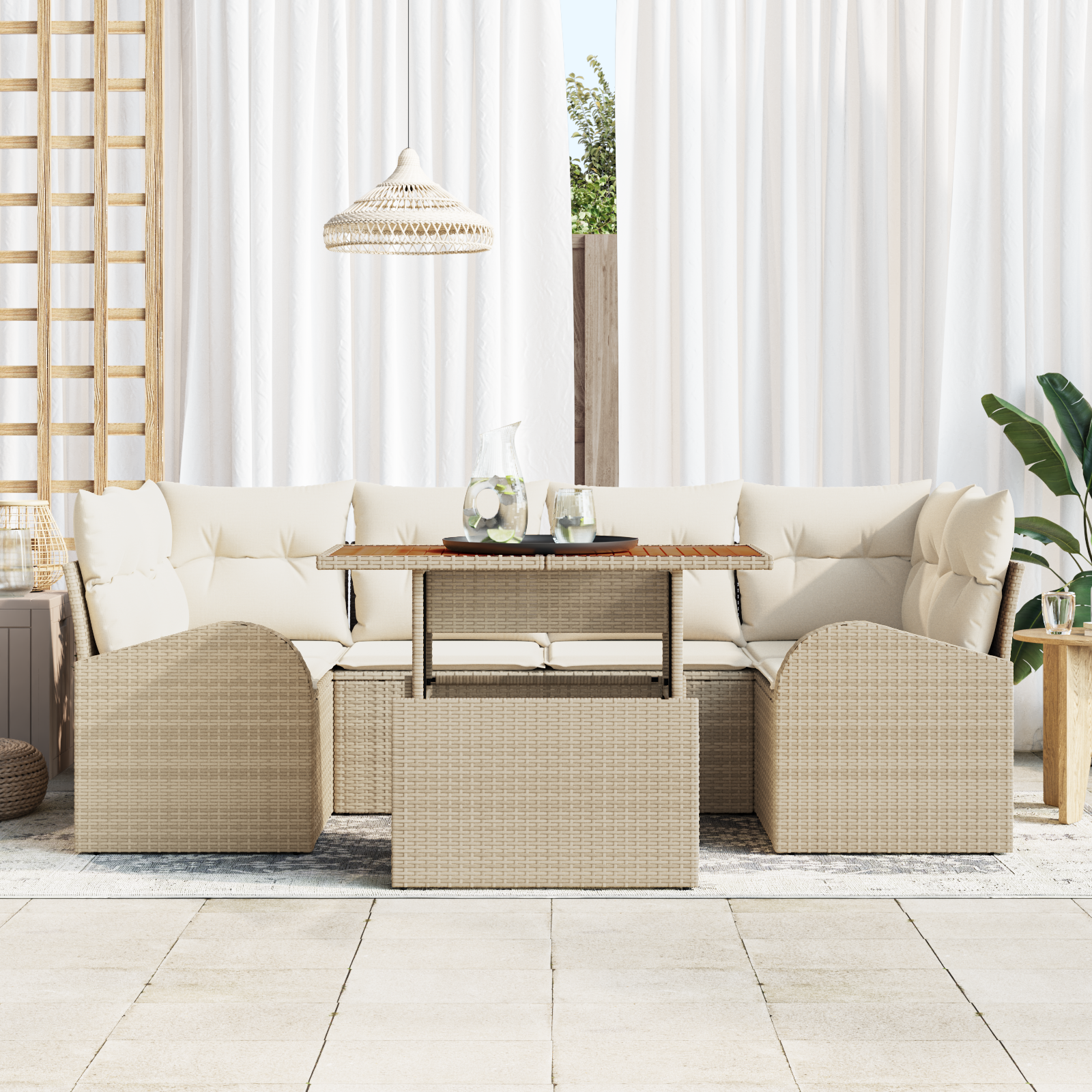 vidaXL 7-delige Tuinset met kussens poly rattan acaciahout beige