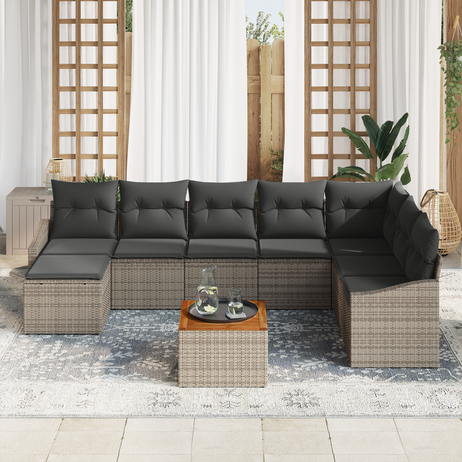 vidaXL 9-delige Tuinbankenset met kussens poly rattan acaciahout grijs