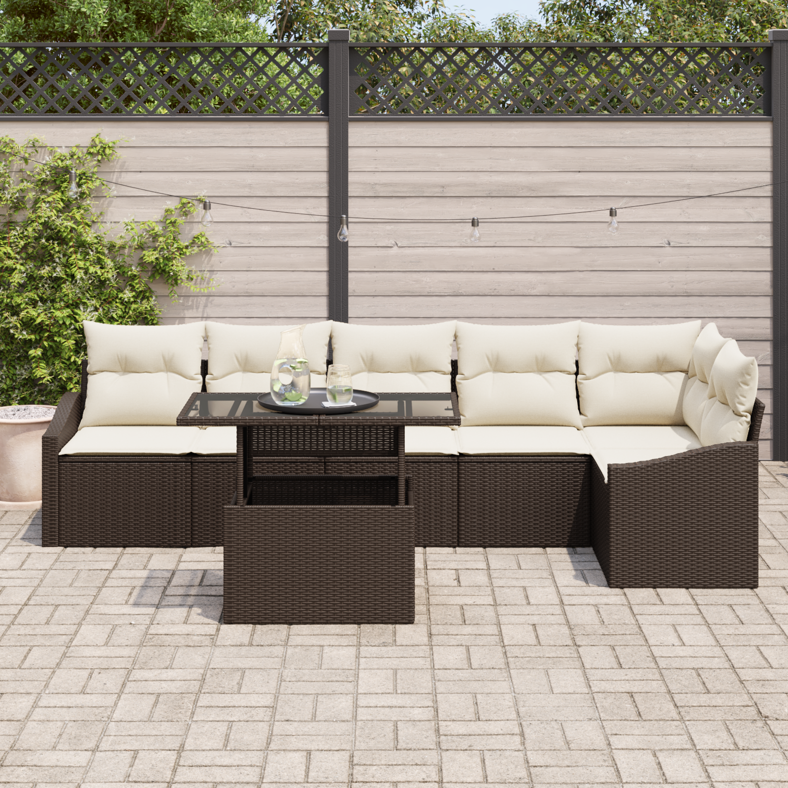 vidaXL 7-delige ligbedset met kussens Bruin Poly Rattan