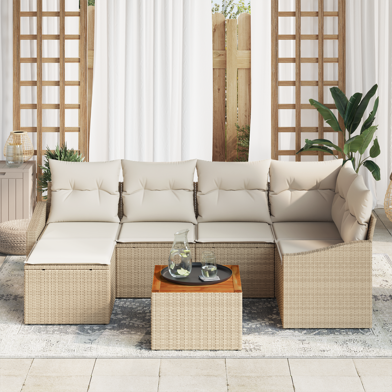 vidaXL 7-delige tuinset met kussens in beige poly rattan en acacia