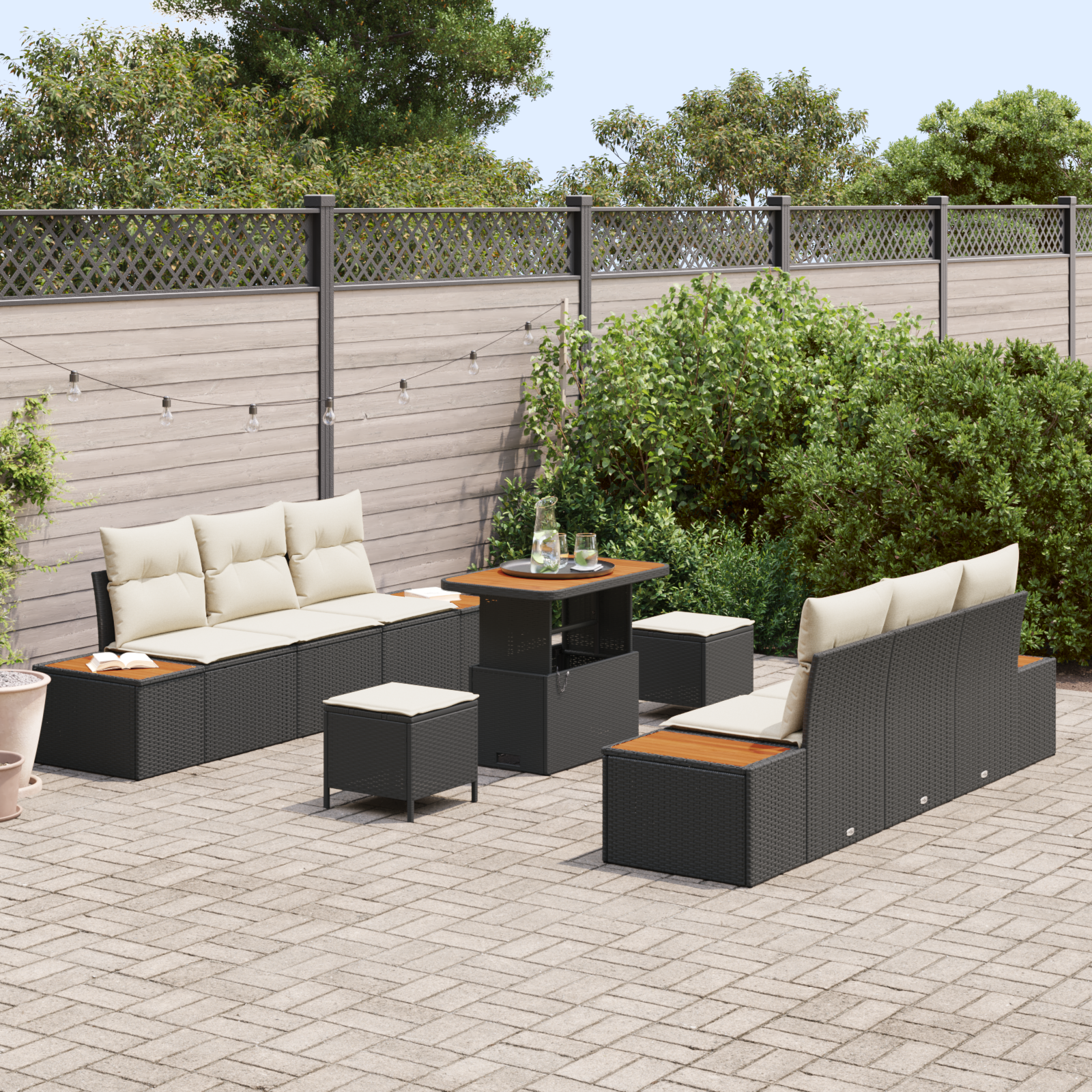 vidaXL 9-delige ligbedden set met kussens zwart poly rattan en acacia