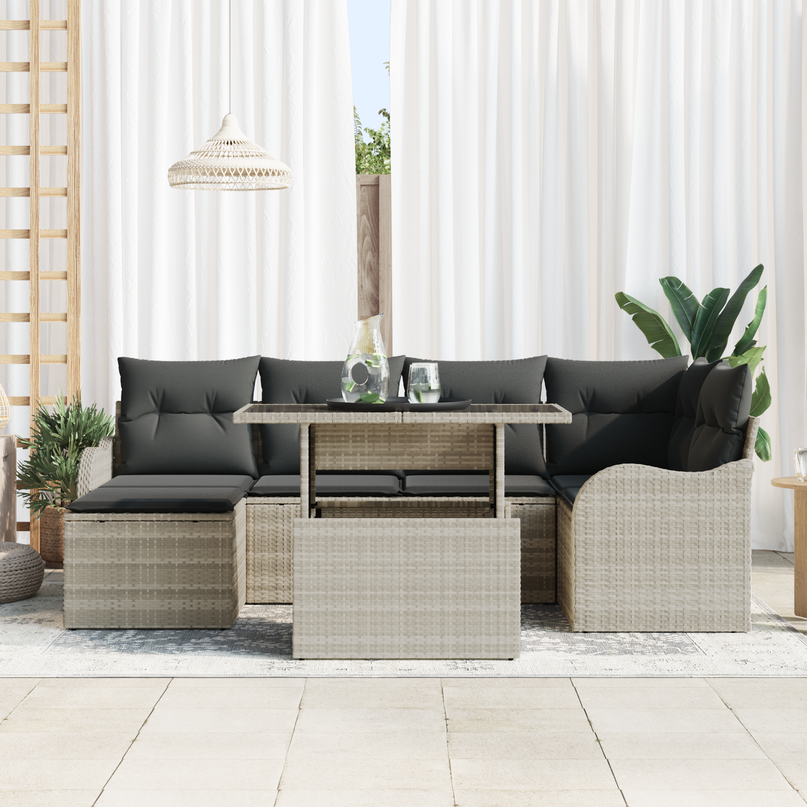 vidaXL 7-delige tuinset met kussens in lichtgrijs poly rattan