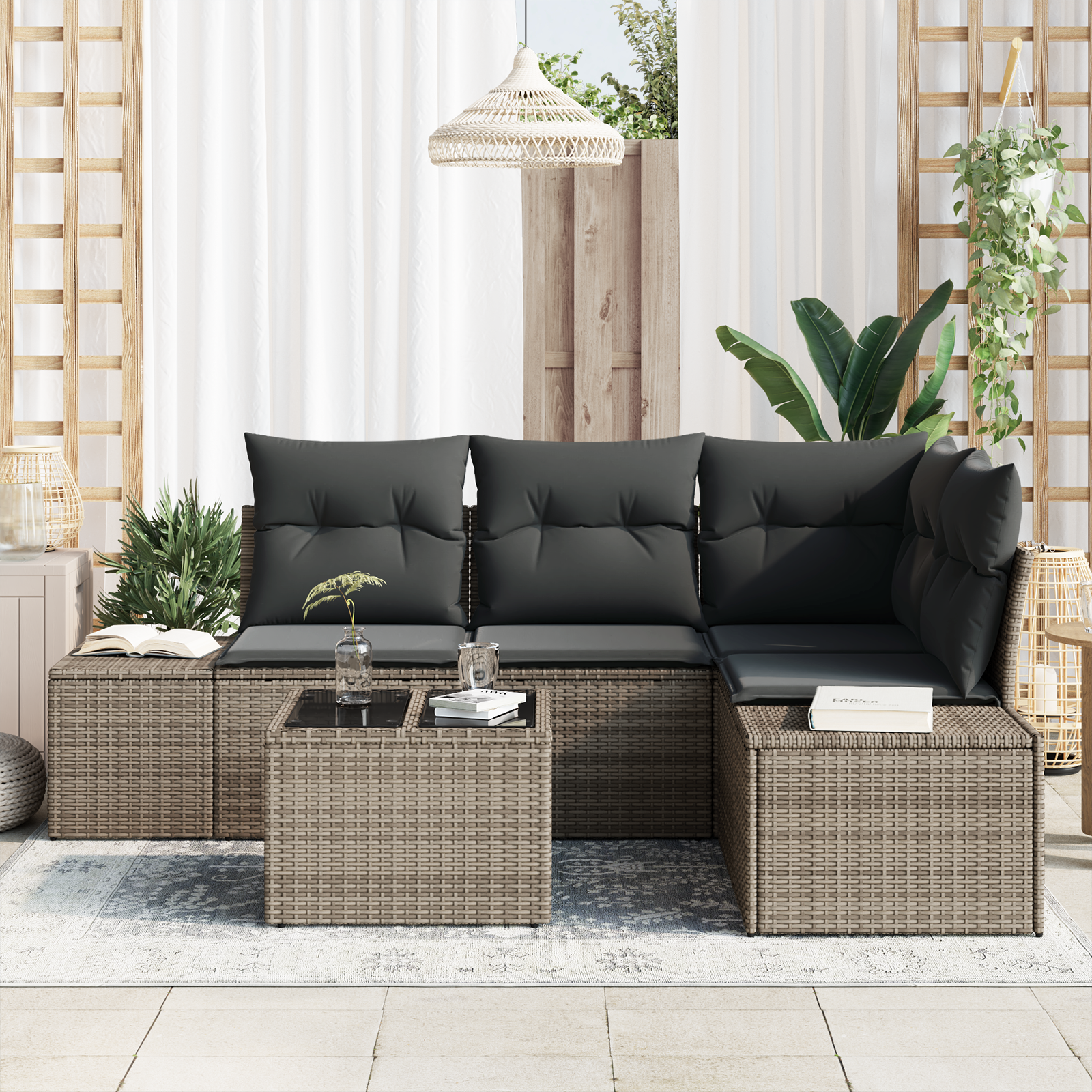 vidaXL 4-delige Tuinbankenset met kussens poly rattan zwart