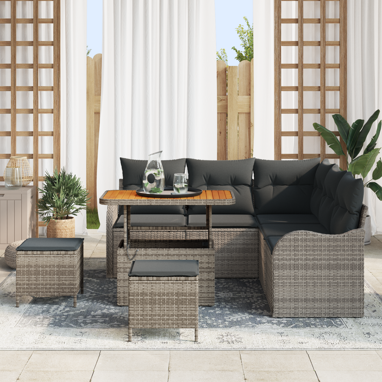 vidaXL 8-delige Tuinbankenset met kussens poly rattan acacia grijs