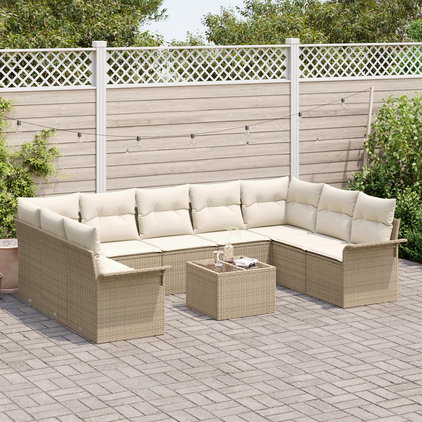 vidaXL 10-delige tuinset met kussens bruin poly riet
