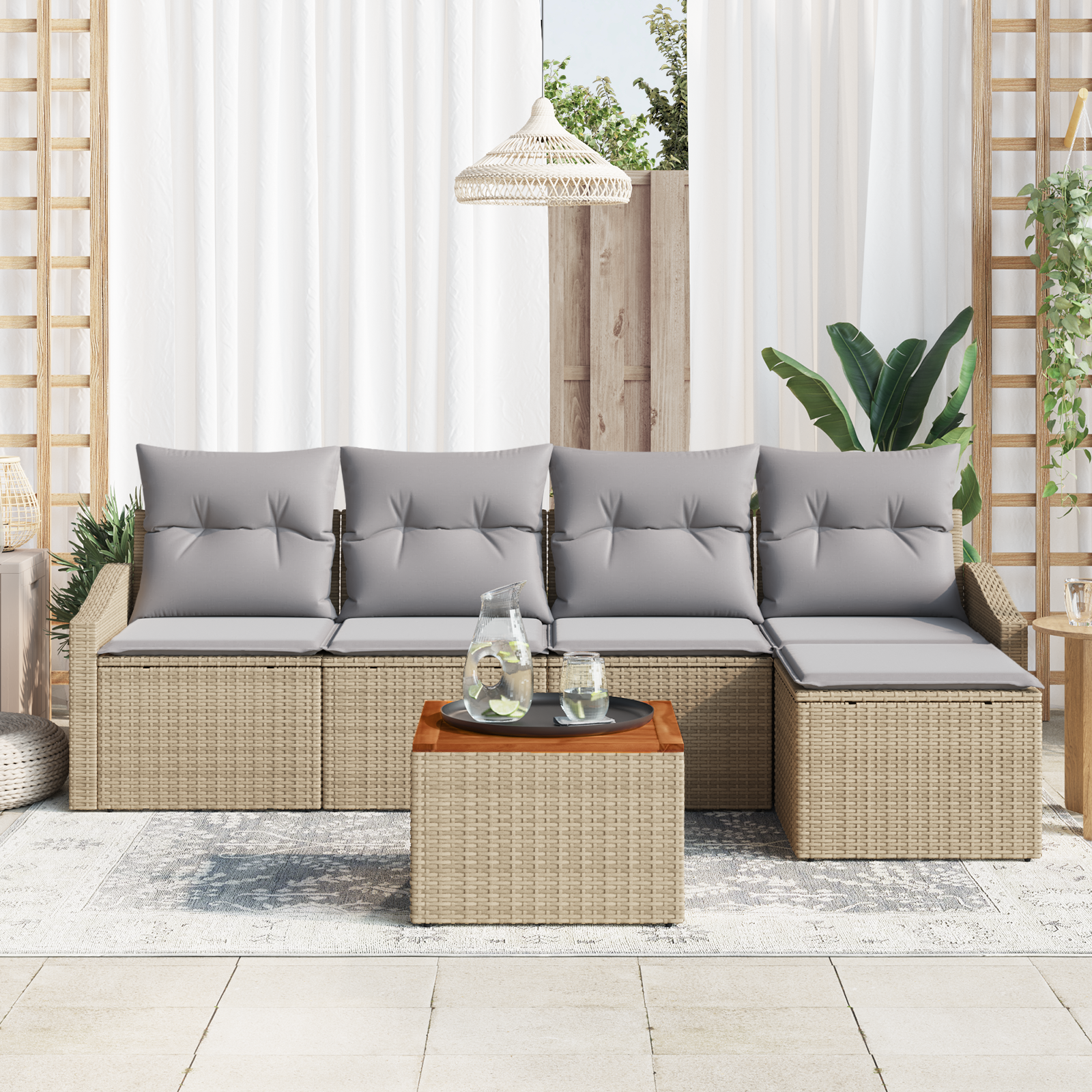 vidaXL 6-delige Tuinbankenset met kussens poly rattan acaciahout beige