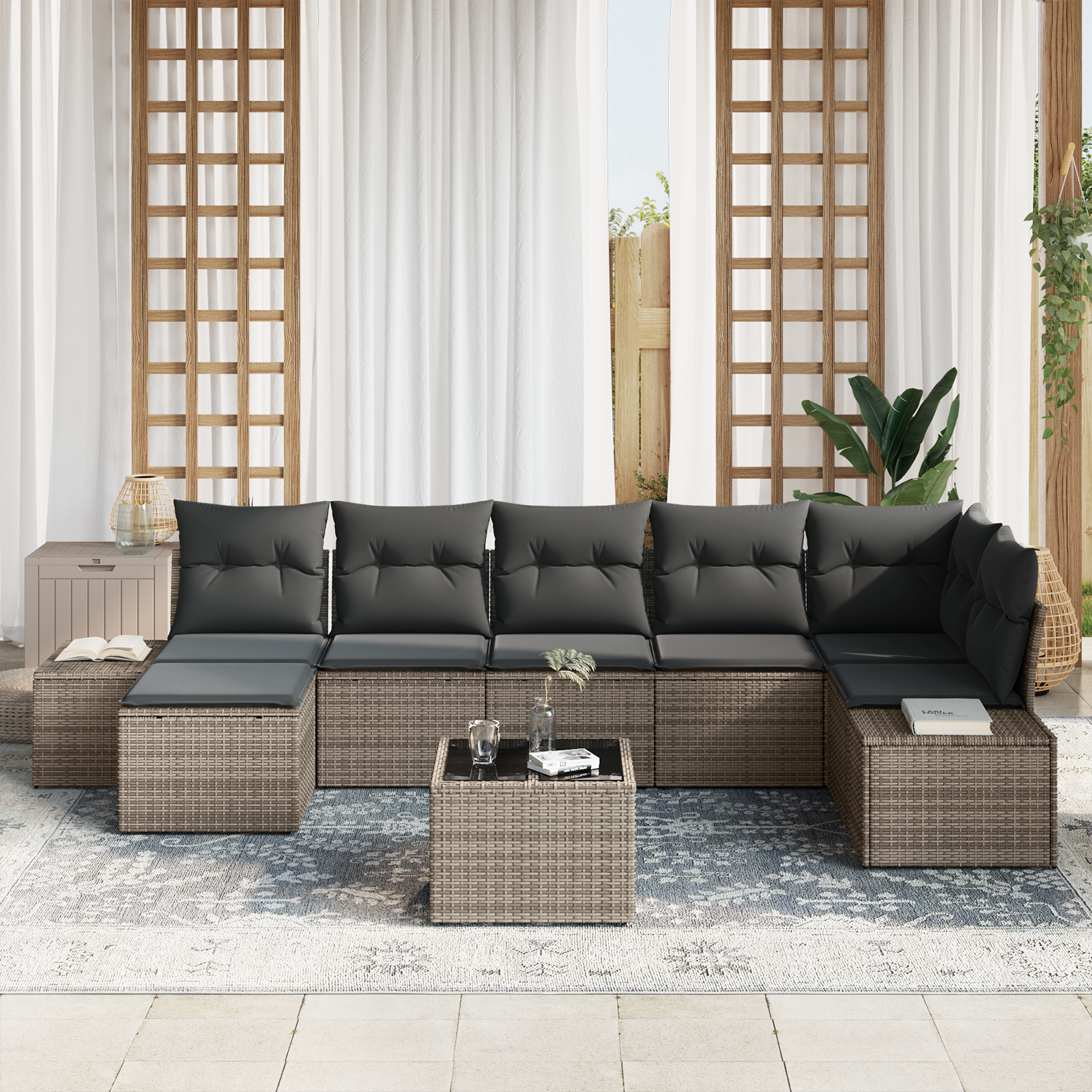 vidaXL 7-delige Tuinbankenset met kussens poly rattan zwart