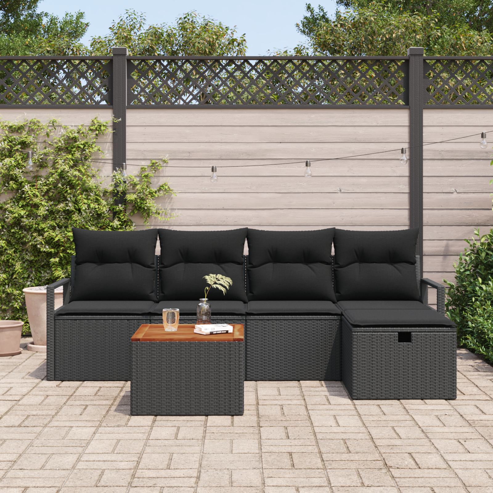 vidaXL 6-delige Tuinbankenset met kussens poly rattan zwart