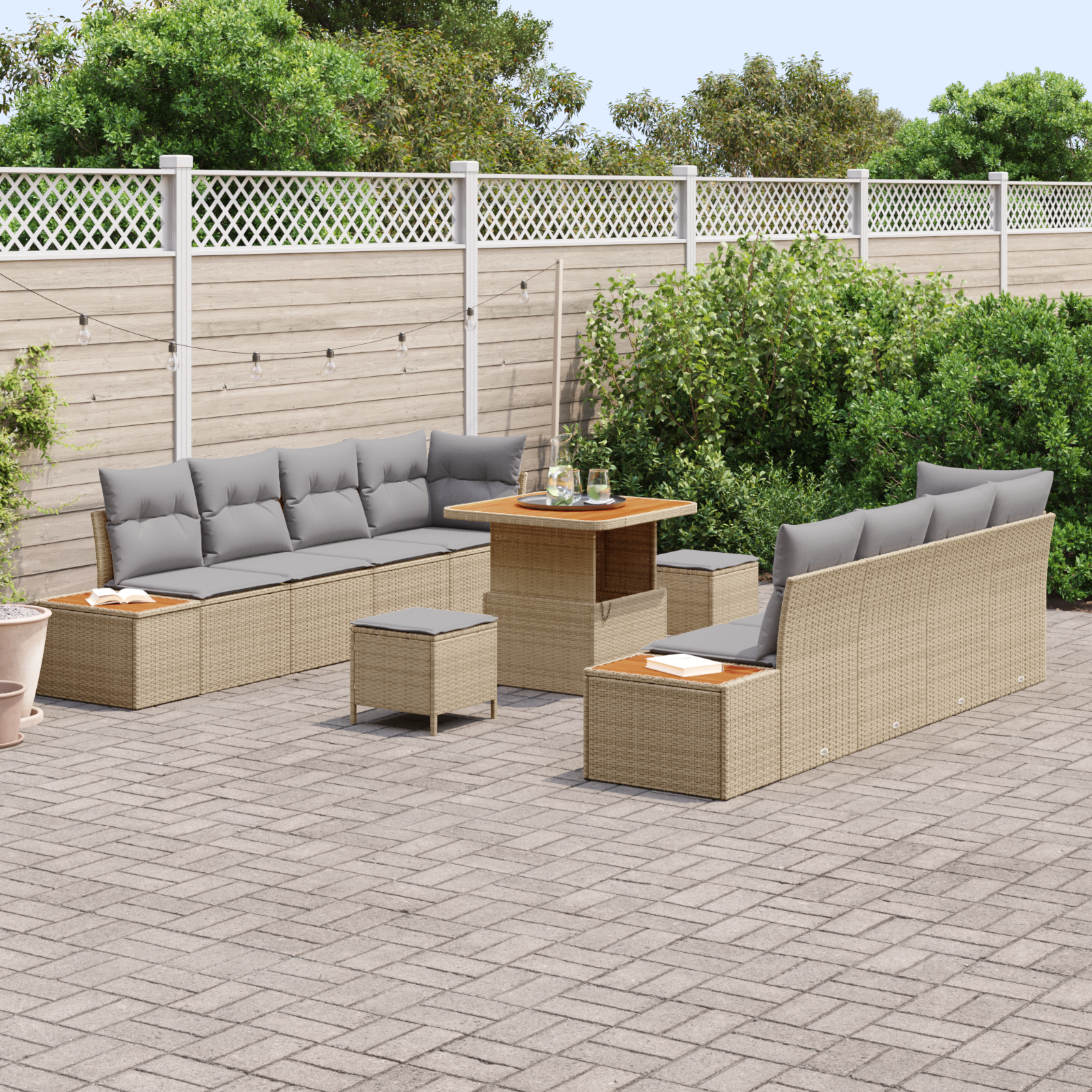 vidaXL 11-delige Tuinbankenset met kussens poly rattan acacia beige