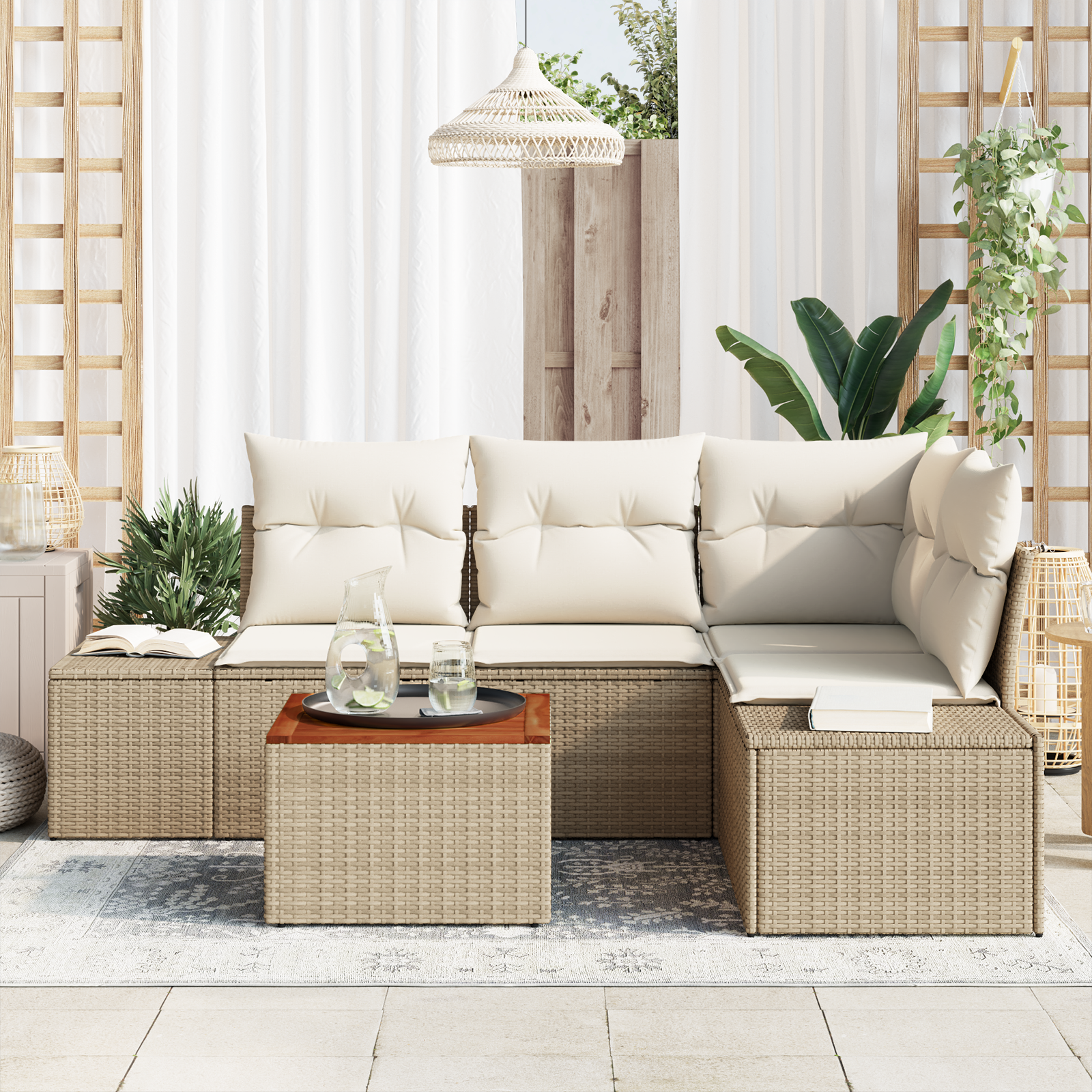 vidaXL 5-delige tuin sofa set met kussens in beige poly rattan en acaciahout