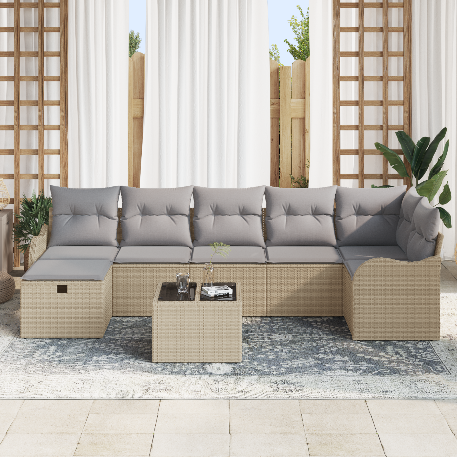 vidaXL 8-delige tuinset met kussens in beige poly rattan