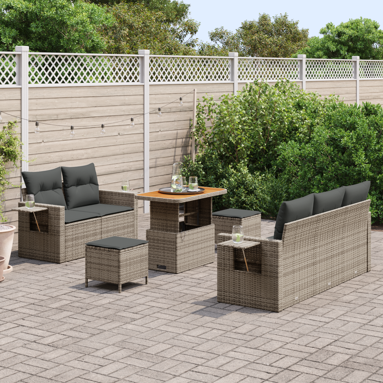 vidaXL 8-delige Tuinbankenset met kussens poly rattan acacia grijs