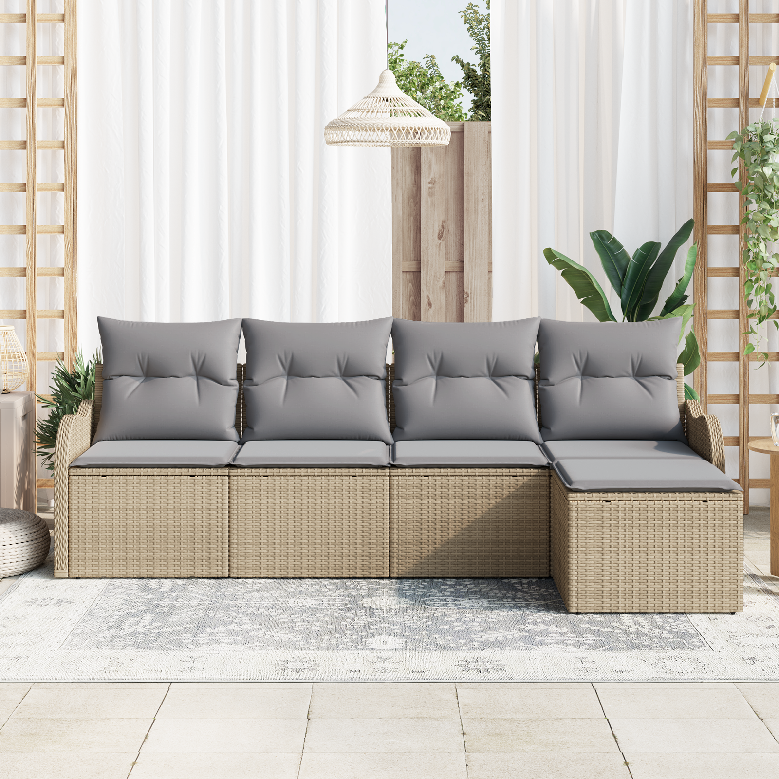 vidaXL 5-delige ligbedset met kussens in beige poly rattan